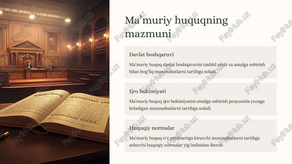 shadi. 8 maʼmuriy huquqning tartibga solish usuli taqiqlovchi maʼmuriy huquq ba'zi harakatlarni taqiqlash orqali munosabatlarni tartibga soladi. majburiyat yuklovchi maʼmuriy huquq subʼyektlarga ma'lum majburiyatlarni yuklash orqali munosabatlarni tartibga soladi. vakolat beruvchi maʼmuriy huquq subʼyektlarga ma'lum vakolatlarni berish orqali munosabatlarni tartibga soladi. ragʻbatlantiruvchi maʼmuriy huquq subʼyektlarni ragʻbatlantirish orqali munosabatlarni tartibga soladi. 9 maʼmuriy huquqning tizimi umumiy qism maʼmuriy huquqning umumiy qismida davlat boshqaruvini tashkil etish va amalga oshirish jarayonining umumiy tomonlarini belgilab beruvchi normalar va institutlar joylashgan. maxsus qism maʼmuriy huquqning maxsus qismida davlat xizmati, maʼmuriy jarayon, maʼmuriy tartib-taomillar, maʼmuriy yustitsiya va maʼmuriy sudlov kabi institutlar joylashgan. 10 maʼmuriy huquqning funksiyalari 1 tartibga solish funksiyasi maʼmuriy huquq davlat boshqaruvi sohasidagi ijtimoiy munosabatlarni tartibga soladi. 2 huquqni ijro etish funksiyasi maʼmuriy huquq ijro hokimiyatini amalga oshirishning huquqiy shaklini oʻzida ifodalaydi. 3 huquq ijodkorligi funksiyasi maʼmuriy huquq davlat boshqaruvi subʼyektlarining vakolatlari va huquqiy maqomini belgilaydi. 4 tashkiliy funksiya maʼmuriy huquq davlat boshqaruvini tashkil …