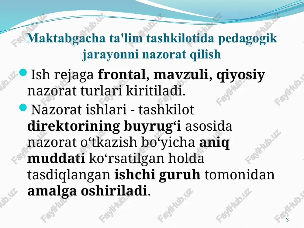 tilgan shart-sharoitlar, bolalarning rivojlanishi va maktab taʼlimiga tayyorgarlik darajasi (kuzatish asosida), guruhning sanitar-gigiyenik hamda moddiy-texnik bazasi, ota-onalar hamda kuzatuv kengashi bilan hamkorlikda olib borilayotgan ishlarning holati oʻrganiladi. frontal nazorat yakunlari maktabga tayyorlov guruhlarida oʻtkazilib, 3-sonli pedagogik kengashining muhokamasiga qoʻyilishi maqsadga muvofiq. 3-mavzu. maktabgacha ta'lim tashkilotida pedagogik jarayonni nazorat qilishni rasmiylashtirish nazorat ishlari - tashkilot rahbarining buyrug‘i asosida amalga oshiriladi. ishchi guruh a'zolari faoliyatni o‘rganishdan avval savolnoma tuzadi. ishchi guruh raisi guruh a'zolariga savolnomani yo‘nalishlar bo‘yicha taqsimlab beradi. har bir ishchi guruh a'zosi o‘rganish natijalari asosida yozilgan ma'lumotlarni raisga topshiradilar. rais o‘z navbatida ishchi guruhning yozgan ma'lumotlarini umumlashtiradi. umumlashtirilgan ma'lumotnomada tarbiyachiga xulosa va takliflar beriladi. 11 mavzuli nazorat. maktabgacha ta'lim tashkilotining 2020-2021 o‘quv yiliga tayyorligi № tarbiyachilarning familiyasi va ismi ma’lumoti ish staji oxirgi malaka oshirgan yili nazorat mezonlari va talablari №155 sonli buyruq bo‘yicha hujjatlarni yuritilishi tabel ro‘yxati bo‘yicha markirofka qilinishi guruh xonalarining sanitar holati bola hayoti va sog‘lig‘ini muxofaza …