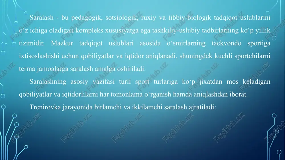 morf endomorf terma jamoaga saralash sportchilarni saralash yuqori malakali sportchilarni tayyorlashda muhim qism bo‘lib xisoblanadi. u ikki xil bo‘ladi: nomzodlarni terma jamoaga saralash; terma jamoa a’zolarini xalqaro musobaqalarda qatnashishi uchun saralash. birinchi saralashning asosiy mezonlari dastlabki bo‘lib xisoblanadi va nomzodlarning ikkinchi xildagi saralashga tayyorlash uchun shart-sharoit bo‘lib xizmat qiladi. ularga quyidagilar kiradi: - sport-texnik natija va uning so‘ngi trenirovka yillari ichida erishgan yutuqlari dinamikasi; - taekvondochi yoshi, antropometrik ko‘rsatkichlari va sport turining o‘ziga xos xususiyatini xisobga olgan holda salomatligi; - taekvondo texnikasining eng muhim fazalari va elementlarini bajarishda texnik xatolarni yo‘qotish bo‘yicha ularning mustaxkamlash darajasi; - ko‘p yillik trenirovka jarayonida kam o‘zgaradigan maxsus jismoniy sifatlarning rivojlanganlik darajasi; - organizm fuksional tizimining jang davomida o‘ziga xos harakatlarni bajarishga bo‘lgan imkoniyatlari; - ixtisoslashgan trenirovka yuklamalariga ruhiy mustaxkamlik; - maqsadga yo‘nalganlik. taekvondo sport turida o‘rinbosarlarni tayyorlashda kelajak yosh sportchilarni tanlash tartibi muhim rol o‘ynaydi. yuqori natijalarni ko‘rsatish uchun taekvondochiga yuqori rivojlanish darajasidagi noyob …