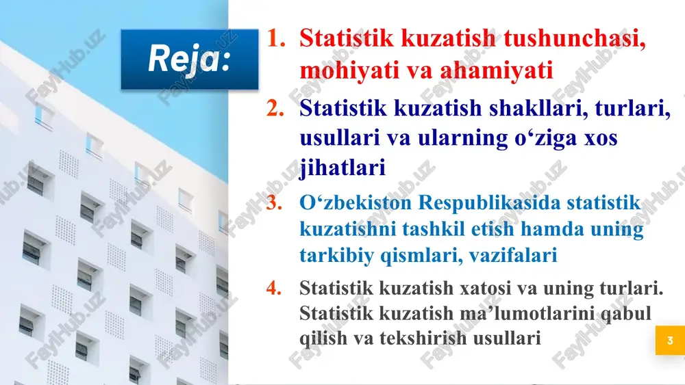 bevosita yig‘ish to‘plangan ma’lumotlarni tekshirish va nazorat qilish 7 statistik kuzatish axborot yetkazib beruvchi sub’ektlar kategoriyalariga qarab quyidagi shakllarga bo’linadi: ma’muriy ma’lumotlarni to’plash. boshlang’ich statistik ma’lumotlarni to’plash. statistik idoralar to’plagan ma’lumot. ma’muriy idoralar (soliq, bojxona, nikohdan o’tkazish va x.k.) statistika idoralariga o’z faoliyatlari haqida ma’lumotlarni pulsiz va belgilangan vaqtda yetkazib berishga majburdirlar. ro’yxatdan o’tgan barcha tashkilot, korxona, tadbirkorlar topshiradigan statistik hisobotlar orqali to’planadi. statistika idoralari uy xo’jaligini o’rganish uchun maxsus tanlab kuzatishlar o’tkazishadi, aholi ro’yxati va boshqa maxsus kuzatishlar yordamida to’plangan ma’lumot. 8 statistik kuzatish tashkil etilishiga qarab: statistik hisobot va maxsus uyushtirilgan statistik kuzatishlarga bo’linadi. hisobot (buxgalteriya va statistik hisobotlarga bo’linadi) statistik kuzatishning asosiy shakli bo’lib, u barcha korxona va tashkilotlar faoliyati haqidagi boshlang’ich ma’lumotlarni to’plash uchun imkoniyat yaratadi. hisobot bilan bir qatorda statistikada maxus tashkil qilingan statistik kuzatishlar keng qo’llaniladi. maxsus tashkil qilingan statistik kuzatishlarga aholi ro’yxatini misol keltirishimiz mumkin. 2. statistik kuzatish shakllari, turlari, usullari va ularning …