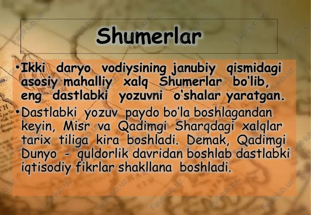 shga qaratilgan. qadimgi sharqdagi iqtisodiy fikrlar qadimgi misr, afrikaning shimoliy-sharqida, nil daryosining quyi oqimida joylashgan qadimiy davlat. miloddan avvalgi 10-6 ming yillikda nil atrofidagi savannalarda tarqoq yashagan qabilalar terimchilik, ovchilik, keynroq esa baliq ovlash bilan shug‘ullanishgan. ular orasida qadimiy xalqlariga mansub qabilalar bo‘lib ularning miloddan avvalgi iv ming yillikda misr xalqi vujudga kelgan aholi sonining ortishi aholi sonining ortishi chorvachilik va dehqonchilikka o‘tishni tezlashtirgan, bu esa hududiy jamoalarning paydo bo’lishiga olib kelgan. dexqonchilik qilish uchun kanallar, to‘g‘onlar qurish zaruriyati tugilgan, buning uchun esa o‘zaro urushlarda asir tushgan qullar mehnatidan foydalanilgan. yerlarning katta qismi fir’avn, ibodatxonalar va amaldorlarga tegishli bo’lgan. dehqonlar yerda ishlagan, hosilning katta qismini davlatga yoki ibodatxonalarga topshirilgan. katta qurilish ishlari (piramidalar, ibodatxonalar, kanallar qazish) umumxalq majburiy mehnat orqali amalga oshirilgan. jamiyat qat’iy tabaqalarga bo’lingan: -fir’avn va ruhoniylar -amaldorlar -hunarmandlar va dehqonlar -qullar qadimgi xitoy iqtisodiy g‘oyalari qadimgi xitoy mutafakkirlari ichida konfutsiy (m.av. 551 - 479 y.) alohida o‘rin …