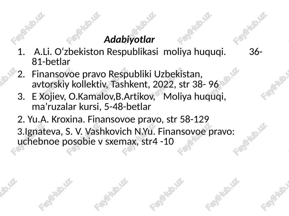 soliq majburiyatini bajarish yuzasidan davlat soliq organlaridan ma’lumotlarni olishi mumkin 2. moliya huquqining uslubi shunday qilib moliyaviy-huquqiy tartibga solishnng asosiy usuli imperativ usul hisoblanadi. ammo moliviy-huquqiy munosabatlarda dispozitiv usuldan qisman foydalanishni ham kuzatish mumkin. moliyaviy- huquqiy shartnomalar hisoblanuvchi xorijdan mablag‘ jalb qilishga oid shartnomalar, davlat kafolati berish bo‘yicha shartnoma, byudjet ssudasini taqdim etish to‘g‘risida, yoki soliq qarzini bo‘lib-bo‘lib to‘lash to‘g‘risida shartnomalar. shunday bo‘lsada, moliyaviy- huquqiy shartnomalarning asosida imperativ ko‘rsatmalarni so‘zsiz bajarish turadi. moliya huquqida dispozitivlik shartli xarakterga ega va uning amal qilishi muayayan xususiyatlarga ega. eng avvalo mazkur u ommaviy manfaatlar uchun xizmat qiladi. quyidagi huquqiy munosabatlar tabiatini belgilang va ularning bir-biridan farqini tushuntirib bering: yuridik shaxslarga kredit taqdim etish bo‘yicha munosabatlar; markaziy bank foydasini respublika byudjetiga o‘tkazish bo‘yicha munosabatlar; soliq inspeksiyasining tadbirkorlik sub’ektining bank operatsiyalar bo‘yicha harakatlarini to‘xtatib turish bo‘yicha munosbatlar; bojxona to‘lovlarini kechiktirib to‘lash bo‘yicha bo‘ladigan munosabatlar. moliya huquqining o‘zbekiston respublikasi huquq tizimida tutgan o‘rni moliya huquqining tutgan …