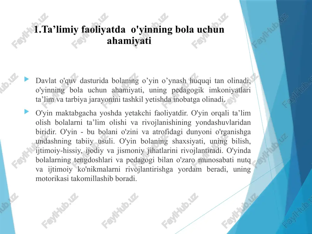 ni aytadi, so‘ng joylaydi. o‘yin shu tarzda davom etadi. “sabzovotlar va mevalar” o‘yini rivojlantiruvchi maqsad: “sabzovotlar va mevalar” didaktik o‘yini orqali bolalarda sabzavotlar (sabzi, kartoshka, piyoz, karam, pomidor, bodring, baqlajon, sholg‘om, turp, lavlagi, balg‘ar qalampiri – bular sabzavotlar), mevalar (olma, gilos, o‘rik, uzum, anor, shaftoli, anjir, behi, nok, olxo‘ri, xurmo, yong‘oq – bular mevalar), sitrus mevalar (limon, apelsin, mandarin, banan)ni umumlashtirishga o‘rgatiladi, ularni shakli, rangi, hajmi, ta’mi, iste’mol qilinishiga qarab qiyoslash va xarakterlay olish ko‘nikmasini shakllantiriladi, umumlashtirilgan (sabzavotlar, mevalar, gullar) so‘zlarni nutqda qo‘llashga o‘rgatiladi. lug‘at boyligini boyitish. ta’limiy maqsad:bolalarning sabzovotlar va mevalar haqidagi bilimlarini boyitish. tarbiyaviy maqsad:sabzovotlar va mevalarning sog`liq uchun foydasi haqidagi bilimlarini boyitish. jihozlar:sabzovotlar va mevalar tasvirlangan rasmli kartochkalar, savatchalar. o‘yinning borishi: bunda bolaga sabzovotlar va mevalarni o`ziga tegishli savatchaga solishni o‘rgatiladi, ularni shakli, rangi, hajmi, ta’mi, iste’mol qilinishiga qarab qiyoslabaytib berishlari kerak bo`ladi. o‘yin shu tarzda davom etadi. didaktik o‘yinni ertalabki davrada, kunning 2-yarmida erkin faoliyat vaqtida, …