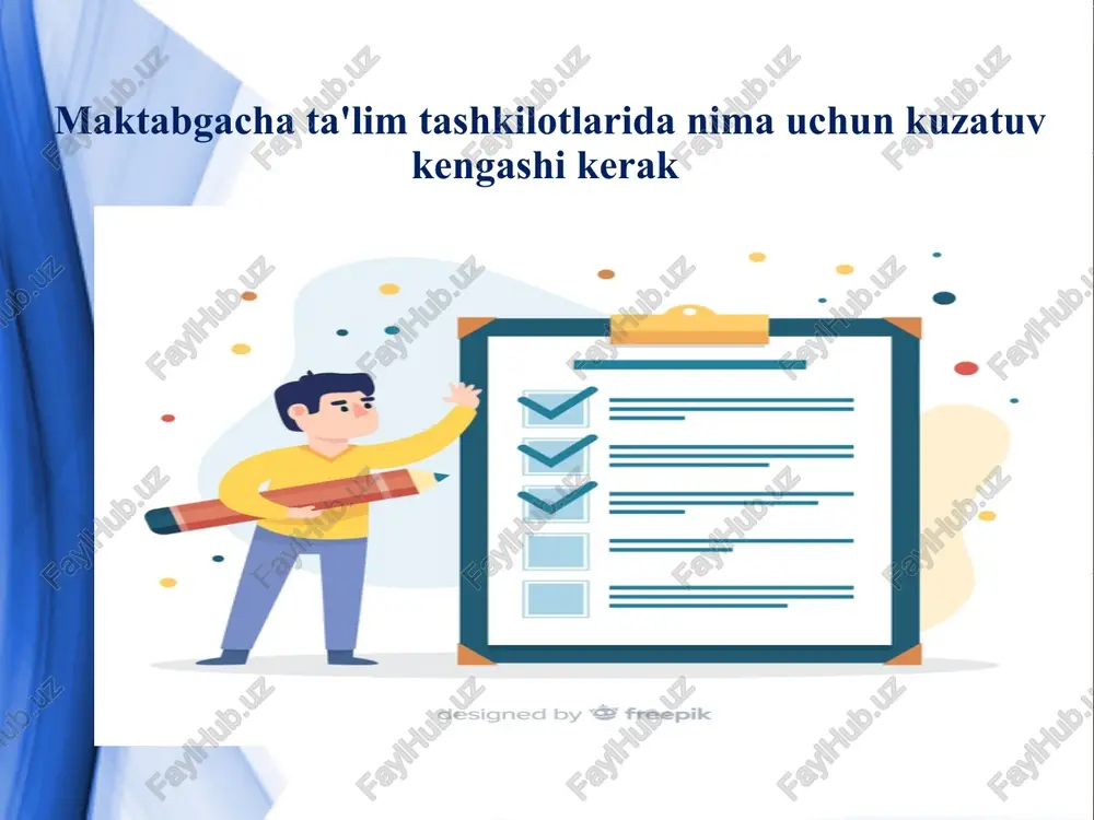 o‘shimcha ma'lumotlar berish. kengash faoliyatini tashkil etish va tarkibini shakllantirish kengash 11 kishidan kam bo'lmagan toq sondan iborat tegishli hududiy bo'linmadan 1 nafar tarbiyachi yordamchilari orasidan 2 nafar tashkilotning pedagoglari orasidan 2 nafar jamoat tashkilotlari va homiylar orasidan 2 nafar tashkilot ma'muriyatidan 1 nafar har bir guruhida tarbiyalanuvchi larning ota-onasidan kamida 3 nafar kengash a'zolarining saylashda tashkilotda tarbiyalanayotgan bolalarning ota-onalari yoki ularning o'rnini bosuvchi shaxslar (ulardan biri) ishtirok etishi mumkin. kengash a'zolari tashkilot tarbiyalanuvchilari ota-onalarining umumiy yig'ilishida ochiq ovoz berish yo'li bilan saylanadi kengash a'zoligiga hududiy bo'lim vakili tegishli hududiy bo'lim boshlig'ining buyrug'i bilan tayinlanadi tashkilot ma'muriyati xodimlari, pedagoglar, tarbiyachilar, tarbiyachi yordamchilari kengashga yashirin ovoz berish orqali saylanadi va tashkilot pedagogik kengashining qarori bilan tasdiqlanadi. tashkilot direktori yoki uning o'rinbosari, shuningdek ularning yaqin qarindoshlari kengash a'zolari sifatida saylanishiga yo'l qo'yilmaydi. kengash a'zosi kengashning yig'ilishlarida surunkali 3 marta uzrli sabablarsiz ishtirok etmagan taqdirda, u kengash a'zolari tarkibidan chiqariladi. kengashning huquq va …