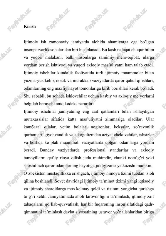 yriya fondlari kambag’al va muhtojlarga yordam bergan. ammo professional ijtimoiy ish kasbi 19-asr oxiri va 20-asr boshlarida yevropa va amerikada shakllandi. bu davrda sanoatlashuv jarayonida ko’plab ijtimoiy muammolar paydo bo’ldi va ularni hal qilish uchun maxsus tayyorlangan mutaxassislar kerak bo’ldi. o’zbekiston hududida ijtimoiy himoya g’oyalari ham qadim zamonlardan mavjud edi. islom dini zakat va sadaqa orqali kambag’allarga yordam berishni farz qilgan. mahalla an’analari doimo o’zaro yordam va hamjihatlikka asoslangan bo’lgan. ayniqsa, amir temur davrida ijtimoiy adolat va halqqa g’amxo’rlik davlat siyosatining muhim qismi edi. biroq zamonaviy ma’nodagi professional ijtimoiy ish sovet davrida paydo bo’lgan. sovet tizimida ijtimoiy ta’minot davlat tomonidan markazlashtirilgan holda amalga oshirilgan. nafaqalar tizimi, nogironlarni qo’llab-quvvatlash, bolalar uylari va boshqa ijtimoiy muassasalar faoliyat yuritgan. biroq bu tizim ko’pincha byurokratik bo’lib, har bir shaxsning individual ehtiyojlarini to’liq hisobga olmagan. shuningdek, ijtimoiy ishchilar professional tayyorgarlik darajasi ham har doim yuqori bo’lmagan. o’zbekiston mustaqillikka erishgandan so’ng ijtimoiy himoya tizimida katta o’zgarishlar …