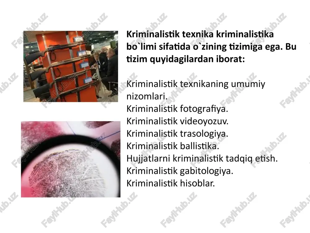 s bo`ladi. universal to`plamlar turli ashyoviy dalillarni topish, qayd etish, olish va dastlabki tadqiq etish bilanan bog`liq bo`lgan texnik harakatlarning keng doirasiga mo`ljallangan. maxsus to`plamlar quyidagicha yig`iladi: – tergov qilinayotgan jinoyat turi: qotillik tergov qilish, nafsga tegish, yo`l-transport hodisalari, avia halokatlar kabi jinoyatlarga ko`ra; – maqsadga ko`ra: mikro- izlar, qo`l, oyoq, transport vositalari, hid izlarini topish, qayd etish va olish uchun; fotosuratga olish, yoritish va b. uchun. mansabdor shaxslarning mutaxassisligiga ko`ra: tergovchi, kriminalist-mutaxassis, oziq-ovqat-kimyogari, biolog mutaxassis va b. uchun. texnik-kriminalistik vositalarning ko`chma to`plamlariga qo`yidagicha talab - engillik va ixchamlik. hozirgi zamonda turli davlatlar tayyorlanayotganda tergov, ekspert chemodanlar tashqi ko`rinishda farq qilsa ham deyarli bir xil texnik vositalardan iboratdir. tergovchilar universal to`plami ikki qismdan: tergov chemodani va foto to`plamdan iborat. prokuror-kriminalistik uchun mo`ljallangan tergov chemodanda qo`yidagi bo`limlar mavjud: izlar bilan ishlash uchun texnik vositalar yig`indisi tarkibiga turli daktiloskopik poroshoklar, flittsli mo`yqalam, magnitli mo`yqalam, iz nusxasini oluvchi oq-qora va oq tasma, lupa, …