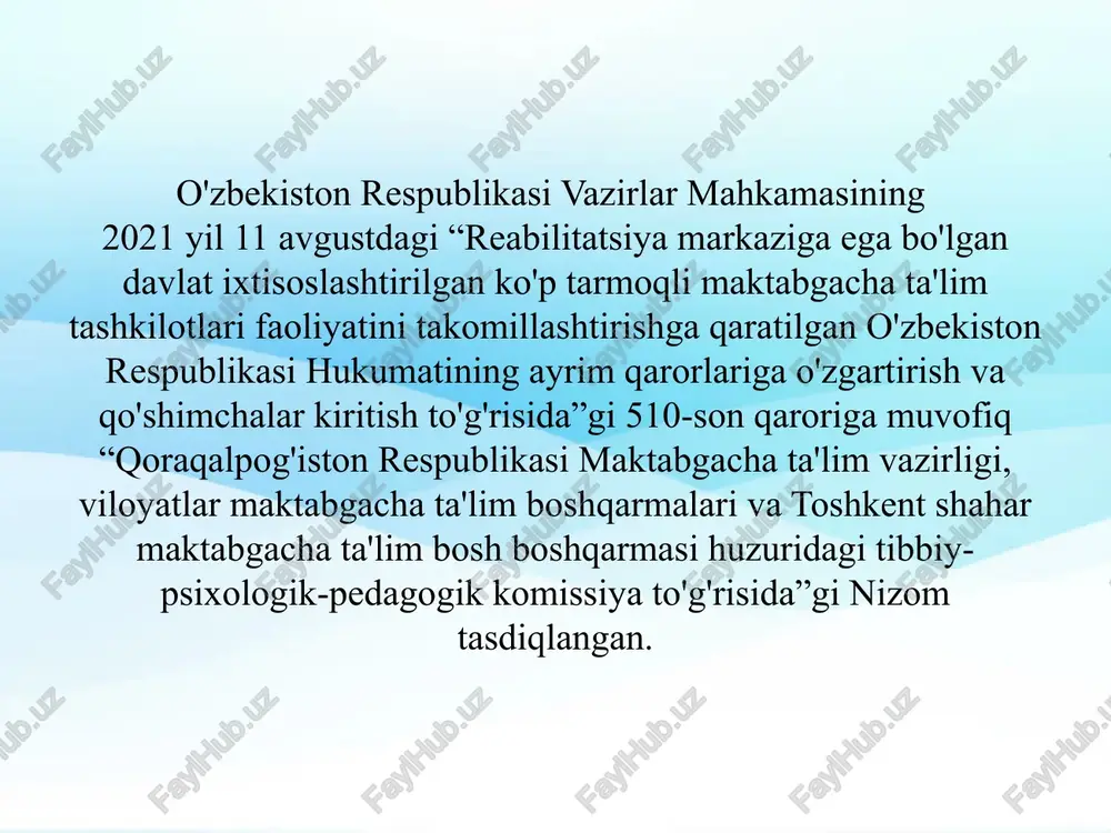lanishda kechikayotgan bolalarga — 3 yoshdan 7 yoshgacha tayanch-harakat apparatida nuqsonlar bo'lgan bolalarga — 2 yoshdan 7 yoshgacha aqliy rivojlanishda nuqsonlari bo'lgan bolalarga — 3 yoshdan 7 yoshgacha foydalanish uchun tavsiya etiladigan adabiyotlar ro'yxati 1. o'zbekiston respublikasi vazirlar mahkamasining 2019 yil 13 maydagi “maktabgacha ta'lim tashkilotlari faoliyatini yanada takomillashtirish chora-tadbirlari to'g'risida”gi 391-con qarori. 2. o'zbekiston respublikasi vazirlar mahkamasining 2020 yil 22 dekabrdagi “maktabgacha ta'lim va tarbiyaning davlat standartini tasdiqlash to'g'risida”gi 802-con qarori. 3. oʻzbekiston respublikasi vazirlar mahkamasining 2021-yil 11-avgustdagi “reabilitatsiya markaziga ega boʻlgan davlat ixtisoslashtirilgan koʻp tarmoqli maktabgacha taʼlim tashkilotlari faoliyatini takomillashtirishga qaratilgan oʻzbekiston respublikasi hukumatining ayrim qarorlariga oʻzgartirish va qoʻshimchalar kiritish toʻgʻrisida”gi 510-son qarori 4. o'zbekiston respublikasi maktabgacha ta'lim vazirligi: www.mdo.uz 5. maktabgacha ta'lim tashkilotlari direktor va mutaxassislarini qayta tayyorlash va ularning malakasini oshirish instituti: www.mdomoi.uz e'tiboringiz uchun rahmat! image1.jpeg image2.jpeg image3.jpeg image4.jpeg image5.jpeg image6.jpeg image7.png image8.jpeg image9.png image10.jpeg /docprops/thumbnail.jpeg