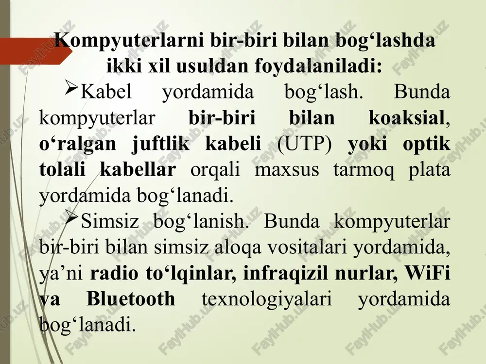 ilan muloqot qila olishi mumkin. internet tarmog‘i asosan uchta tarkibiy qismdan tashkil topgan: texnik; dasturiy; axborot. modem tushunchasi va uning vazifasi. modem modulyator-demodulyator so‘zlarining qisqartmasi hisoblanadi. ushbu qurilmaning asosiy vazifasi kompyuterdan olingan raqamli signalni uzatish uchun analog shakliga aylantirish va qabul qilingan signalni analog shakldan raqamli shaklga qaytarish hamda aloqa kanallari bo‘ylab uzatishdan iborat. modem ichki va tashqi turlarga bo‘linadi. tashqi faksmodem simsiz modem ichki modem m o d e m t u r l a r i internetga bog‘lanish. internet tarmog‘iga ulanish ajratilgan aloqa kanali (optik tola, sun’iy yo‘ldosh aloqasi, radiokanal, ajratilgan kommutatsiyalanmaydigan telefon liniyasi) bo‘yicha doimiy ulanish, shuningdek kommutatsiyalanadigan, ya’ni uzib-ulanadigan ulanish (dial-up access, dial-up) ko‘rinishida amalga oshiriladi. dial-up texnologiyasi yordamida internetga ulanish agar kompyuter orqali internetga simsiz ulanish kerak bo‘lsa, u holda kompyuterdan tashqari internet xizmatlarini taqdim etuvchi operator yoki provayderning simsiz ishlovchi modemi yoki xuddi shu vazifani bajaruvchi mobil telefon apparati zarur. agar mobil telefon orqali …