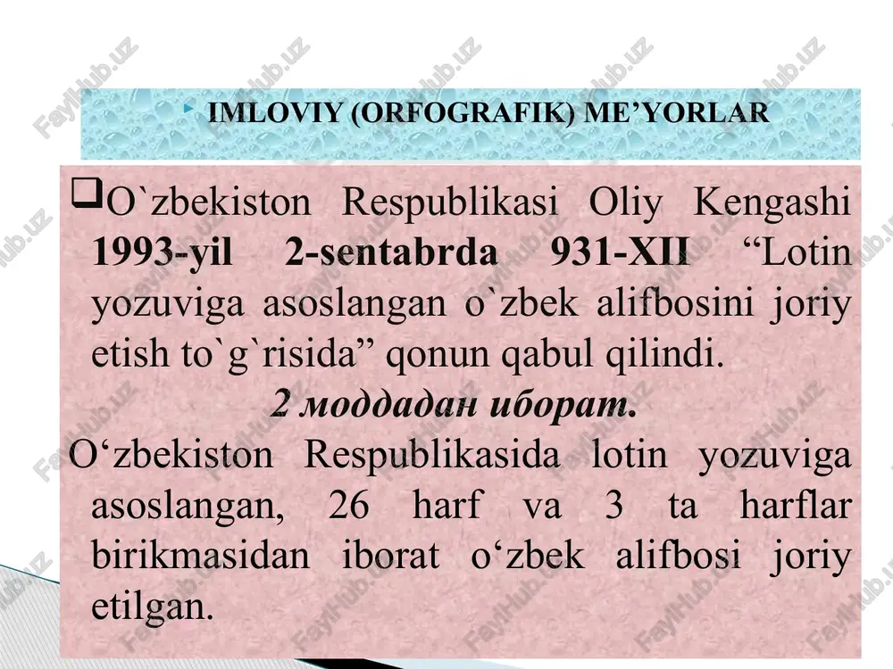 , tdyu va b. ism-familiyalar qisqartirib olinsa, harflar orasiga nuqta qo`yiladi, lekin og`zaki nutqda to`liq o`qiladi: s.z.mirzayev, h.b.berdiyorov, o`.t.hoshimova. qisqartma so`zlar imlosi qisqartma so`zlar bo`g`in yoki qismlardan tuzilgan bo`lsa, birinchi harf bosh harf bilan yoziladi: toshunivermagi, toshavtomash. agar birinchi so`z turdosh ot bo`lsa, barcha harflar kichik yoziladi: medkollej, akademta’til. birinchi so`zning bosh qismi, keyingi so`zlarning birinchi harflaridan tuzilgan qisqartmalarda birinchi so`z bosh qismining birinchi harfi va keyingi so`zlarning birinchi harflari bosh harf bilan yoziladi: samdu, toshpi. bosh harflar imlosi - 1. gap boshidagi birinchi so`zning birinchi harfi bosh harf bilan yoziladi. 2. she’rlarda har bir misra bosh harf bilan boshlanadi 3. atoqli otlarning birinchi harflari bosh harf bilan yoziladi: g`afur g`ulom, samarqand, “zarafshon”, pomir, “o`tgan kunlar”, “yoshlik” (jurnal). 4. rasmiy ish qog`ozlarida qo`llaniluvchi siz va o`zingiz olmoshlarining birinchi harfi bosh harf bilan yoziladi. 5. birinchi harflardan tuzilgan qisqartma otlar: bmt, aqsh, mdh, iiv, fk, jk, fpk, jpk. 6. oliy tashkilotlar …