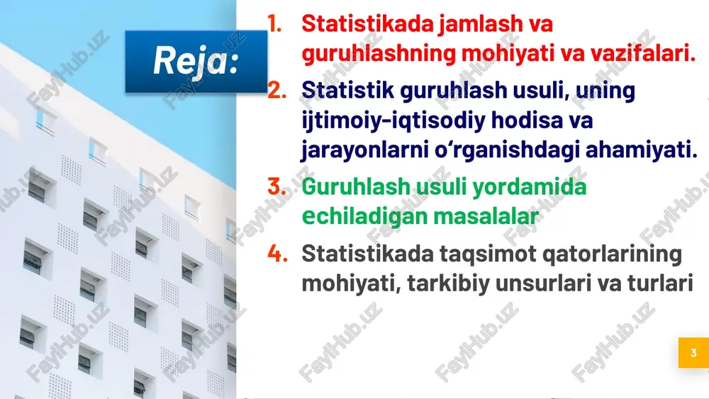 sh natijalari chuqurroq statistik taxlil uchun etarli emas, chunki statistik to'plam tarkibi to'g'risida ma'lumot berilmagan. to'plamdan ko'rinishicha, ayrim korxona-larda ishlab chiqarish hajmi  oshgan, ayrim-larida esa  pasaygan. ishlab chiqarish hajmini yanada oshirish bo'yicha ichki rezervlar aniqlanmagan. o'rtacha 109,9% o'sish sur'ati orqasida ayrim negativ holatlar yashirinib qolgan. shuning uchun keng ma'nodagi murakkab jamlash (svodkalash) ishlarini tashkil qilish talab qilinadi. statistikada jamlash va guruhlashning mohiyati va vazifalari. 8 keng ma'nodagi jamlashning asosiy elementi bo'lib - guruhlash hisoblanadi. guruhlash deganda – statistik to'mlamni oldindan aniqlangan belgi bo'yicha bir qancha guruhlarga ajratish tushuniladi. statistikada jamlash va guruhlashning mohiyati va vazifalari. 9 keng ma'nodagi murakkab jamlash (svodkalash): 1) guruhlash va har bir guruh bo'yicha jamlarini hisoblash; 2) umumiy statistik jadvalning maketini tuzish va unga guruhlar bo'yicha hisoblangan jamlar yozilishini qamrab oladi. statistikada jamlash va guruhlashning mohiyati va vazifalari. 10 yuqorida keltirilgan 10 ta korxonani o'sish sur'atlari bo'yicha 4 ta guruhga ajratamiz. 1 – guruh. …