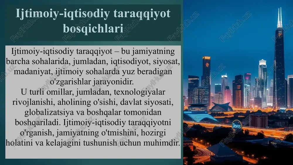 xodimlarning eng oddiy shakldagi uyushishi manufaktura mehnat taqsimotiga asoslangan, lekin mashina hali mavjud bo'lmagan sharoitdagi kooperatsiya mashinalashgan ishlab chiqarish ixtisoslashtirilgan qurol va asboblarga, tor operatsiyalarga asoslangan, ishlab chiqarishni mashinalar yordamida tashkil etiluvchi kooperatsiya 11 fan-texnika, texnologiya va axborot tizimidagi o'zgarishlarga qarab r.aron, j.gelbreyt, u.rostou va boshqa olimlar jamiyat taraqqiyoti bosqichlarini uch bosqichga: industrlashishgacha bo'lgan jamiyat, industrlashgan jamiyat, yuqori industrlashgan axborotlashgan jamiyat ular industrlashishgacha bo'lgan jamiyatning asosiy belgilari quyidagilarni ko'rsatadilar: a) aholining asosan qishloq xo'jaligi bilan bandligi; b) qo'l mehnatining hukmronligi; c) mehnat taqsimotining juda sayozligi d) natural xo'jalikning hukmronligi. 13 industrlashgan jamiyatning asosiy belgilari: a) ishlab chiqarishning mashinalashganligi; b) sanoatning fan-texnika yutuqlari asosida rivojlanishi, unda ishchilar sonining ko'payishi; c) shahar aholisining qishloq aholisiga nisbatan tezroq ko'payishi va boshqalar. taraqqiyotning uchinchi muhim bosqichi – yuqori darajada industrlashgan jamiyatning asosiy belgilari: a) xizmat ko'rsatish sohasining yuksak darajada rivojlanishi; b) ishchi kuchining asosiy qismi (60-70%) shu sohada band bo'lishi; c) fanning bevosita ishlab …
