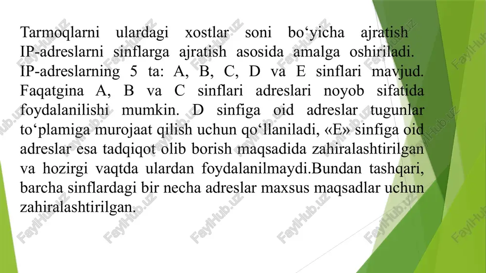 adreslari lokal ravishda beriladi. boshqa ip - adreslari singari, tarmoq ostining har bir adresi noyobdir. ipv4 va ipv6 larda ishlash uchun qulayroq bo‘lgan yozuvning muqobil shakli bo‘lib, x:x:x:x:x:x:d.d.d.d xizmat qiladi, bunda «x» — adresning o‘n oltinchilik 16 bitlik kodlari, «d» esa -adresning kichik qismini tashkil etuvchi o‘nlik 8 bitlik kodlari (standart ipv4 ifodasi), misol uchun: 0:0:0:0:0:0:13.1.68.3 (siqilgan ko‘rinishda ::13.1.68.3) 0:0:0:0:0:ffff:129.144.52.38 (siqilgan ko‘rinishda ::ffff:129.144.52.38) ipv4 va ipv6 protokollarini solishtirish bu ikki protokol bir-biri bilan solishtirilganda ustunlik va kamchiliklari bor. ipv6 protokolida xavfsizlik choralari ko‘rilgani, ya’ni ipsec protokolining ishini osonlashtirish uchun qo‘shimcha maydon qo‘shilganligi, ma’lumotlarning yetib borishi sifati va ishonchliligi, ipv6 asosidagi qurilgan tarmoqning sodda arxitekturaga ega bo‘lishi,ya’ni nat - tarmoq manzillarini ishlatmagan holda end-to-end asosida ishlashni tashkil etgani uchun ham bu protokolga o‘tish eng to‘g‘ri yechimdek ko‘rinishi mumkin, ammo hozirdagi ko‘plab tarmoq qurilmalarining ipv6 protokolini qo‘llab-quvvatlamasligi, ko‘plab kontent ma’lumotlardan ipv6 orqali foydalanish ilojsiz bo‘lgani, qurilmalarni yangilash uchun esa katta xarajat va …