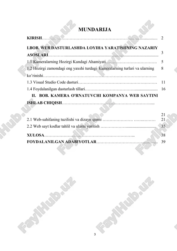 a’lumot olishlari, texnik xususiyatlarni taqqoslashlari va o‘zlariga mos variantni tanlashlari mumkin bo‘ladi. mazkur veb-sayt mijozlarga qulay interfeys taqdim etib, xizmatlar, narxlar va kamera turlari haqida ma’lumot olish imkoniyatini yaratadi. sayt orqali mijozlar onlayn buyurtma berishlari, maslahat olishlari va kompaniyaning yangiliklaridan xabardor bo‘lishlari mumkin bo‘ladi. shuningdek, sayt mijozlar bilan aloqa o‘rnatishning yangi formatlarini joriy etish orqali kompaniyaning biznes jarayonlarini samarali boshqarishga yordam beradi. mijozlar o‘z shaxsiy kabinetlarida buyurtmalarni kuzatishlari, o‘rnatilgan kameralar bo‘yicha xizmat ko‘rsatish tarixini ko‘rishlari va yangi xizmatlar bo‘yicha xabarnomalar olishlari mumkin bo‘ladi. loyihaning asosiy maqsadi – mijozlarga zamonaviy va ishonchli xavfsizlik tizimlarini taqdim etish va ularning xavfsizligini ta’minlashga yordam beruvchi qulay platformani yaratishdan iborat. sayt foydalanuvchilari uchun tezkor va interaktiv xizmat ko‘rsatish imkoniyatlarini joriy etish ham muhim vazifalardan biri sanaladi. ushbu loyiha nafaqat kompaniyaning mijozlar bazasini kengaytirishga, balki xavfsizlik sohasidagi ilg‘or yechimlarni joriy etishga ham xizmat qiladi. bundan tashqari, sayt orqali kompaniya o‘z xizmatlarining sifatini oshirish, mijozlarning talab va …