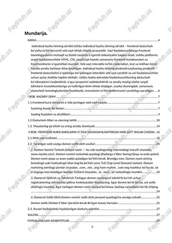 esurs hisoblanadi. serverlar foydalanuvchilardan kelgan so‘rovlarni qabul qilib, ularni qayta ishlaydi va javob yuboradi. serverlar turli tilda yozilgan dasturlarni ishlatishi mumkin, masalan, python, java, ruby, php va boshqalar.ma'lumotlar bazasi (database): ma'lumotlar bazalari backend tizimida ma'lumotlarni saqlash, qayta ishlash va ularga kirish imkoniyatini taqdim etadi. eng mashhur ma'lumotlar bazalari:relatsion (sql) ma'lumotlar bazalari: mysql, postgresql, sqlite.nosql ma'lumotlar bazalari: mongodb, cassandra, firebase.api (application programming interface): api backend va frontend o'rtasida ma'lumot almashish uchun ishlatiladi. api orqali fronten(foydalanuvchi interfeysi) va backend o‘rtasida so‘rovlar yuboriladi, masalan, ma'lumot olish yoki yuborish. api rest (representational state transfer) yoki graphql kabi usullar yordamida amalga oshirilishi mumkin. frontend — bu veb-ilovalar yoki mobil ilovalarning foydalanuvchi bilan bevosita aloqada bo'ladigan qismi bo'lib, u foydalanuvchi interfeysini yaratishga mas'uldir. frontend dasturchilari, veb-sahifalarning tashqi ko‘rinishini va interaktivlikni ta'minlaydigan kodni yozadilar. frontendda ishlovchi texnologiyalar asosan veb-brauzerlar tomonidan ishlatiladi va foydalanuvchi tajribasini (ux) va dizaynini (ui) optimallashtirishga qaratilgan. frontendning asosiy qismlari:html — bu veb-sahifalarning asosiy …