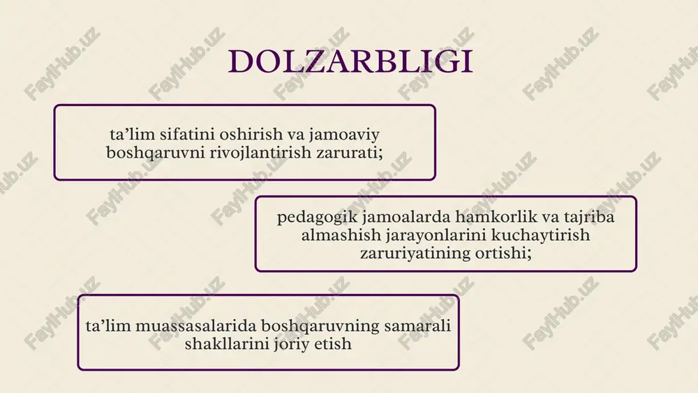 halari. singapur: ijtimoiy dasturlar. mustaqil tashabbuslarni rag'batlantirish, loyihalar joriy etish. o'qituvchi malakasi yetarli emas. tajribali o'qituvchilar innovatsiyasi. yaponiya: maxsus treninglar. kanada: psixologik tayyorgarlik. singapur: global standartlar. maxsus treninglar tashkil etish, xorij tajribasini o'rganish. 4 ota-onalar faolligi past. yaponiya: muntazam ishtirok. kanada: kengashlar. singapur: tarbiyaga hissa ota-onalarni jalb qilish, xorij kengashlarini joriy etish. 5 maxsus xonalar kam yaponiya: meditatsiya xonalari. kanada: media markazlari. singapur: zamonaviy jihozlar. maxsus xonalar tashkil etish, infratuzilmani rivojlantirish. sheet0 № muammo muammoning yechimini amalga oshirish mexanizmi mas’ullar muddati natija 1 ma’naviy tarbiya darslari ko‘pincha nazariy, o‘quvchilarning qiziqishi past. interaktiv usullarni (munozara, loyiha ishlari, hikoya tahlili) joriy etish. har oy ma’naviy mavzuda tadbir o‘tkazish. o‘qituvchilar, psixolog, sinf rahbarlari har o‘quv choragi o‘quvchilarning ma’naviy ongdan faollik va qiziqish oshadi. 2 o‘quvchilarning mustaqil tashabbuskorligi yetarli emas. o‘quvchilar tomonidan boshqariladigan klublar (axloqiy tarbiya, ekologiya) tashkil etish. loyiha ishlovini o‘tkazish. direktor o‘rinbosari, yoshlar ittifoqi rahbari 2025-yil sentyabr–dekabr o‘quvchilar tashabbuskor, ijodiy va mas’uliyatli …