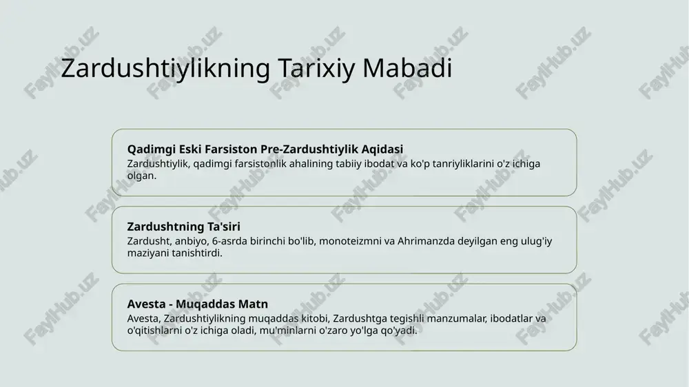 tirgan. zardushtiylik jamoalari dunyoga tarqalgan, indiya, eron, shimoliy amerika va evropa kabi muhim hududlarda ahamiyatli aholi bilan, diniy an'analarni saqlab qolmoqda. zardushtiylik zamonaviy qiymatlar va amallarga moslashgan, yangi texnologiyalarni va usullarni qo'llab-quvvatlash va o'z asosiy etik o'qitishlarini saqlab qolmoqda. e'tiboringiz uchun rahmat! /docprops/thumbnail.jpeg