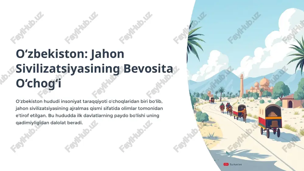 qonchilik o‘choqlarida vujudga kelgan: qadimgi misr mesopotamiya hind va xitoy mesoamerika va and sivilizatsiyalari ikkilamchi sivilizatsiyalar birlamchi sivilizatsiyalarning yutuqlari ta’sirida paydo bo‘lgan: suriya, baktriya, marg‘iyona anatoliya, minoy, krit-miken yapon sivilizatsiyalari ular birlamchi sivilizatsiyalarga o‘xshash bo‘lishi bilan birga, qaysidir jihatlari bilan farqlanadi. antropogenez: insoniyatning paydo bo‘lishi muammosi insoniyatning kelib chiqishi va rivojlanishi asrlar davomida tadqiqotchilar tomonidan o‘rganilib, turli nazariyalar yuzaga kelgan. "antropogenez" (yunoncha "antropos" - odam, "genezis" - rivojlanish) eng qadimgi davr tarixini o‘rganishdagi muhim muammolardan biridir. fanda insoniyat tabiatning bir qismi bo‘lib, u yerdagi taraqqiyotning ma’lum bosqichida vujudga kelib, uzluksiz izlanish va mehnat tufayli takomillashib borganligi haqidagi xulosalar barcha nazariyalardan ustunlik qiladi. insoniyat paydo bo‘lishining nazariy asoslari insoniyatning paydo bo‘lishiga oid turli nazariyalar mavjud bo‘lib, ularning har biri o‘ziga xos dalillar va qarashlarga tayanadi: diniy nazariyalar bibliya, qur’oni karim va zardushtiylik ta’limotlarida inson ilohiy kuch tomonidan yaratilganligi ta’kidlanadi. ilmiy-falsafiy qarashlar xitoy va yunon faylasuflari mil. avv. vi-v asrlardayoq odamning kelib …