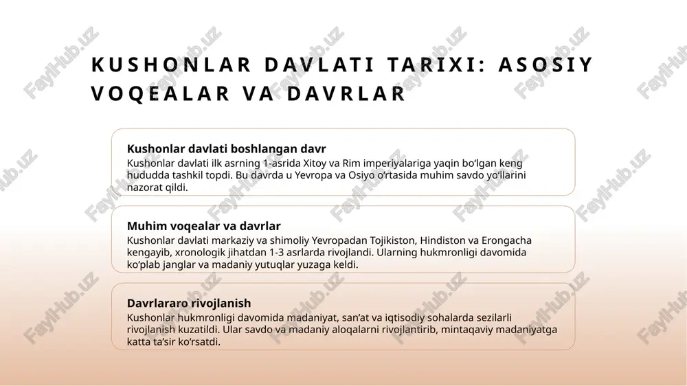 latlari bilan iqtisodiy hamkorlikni kuchaytirib, savdo shartnomalarini imzoladi. bu, mintaqaviy iqtisodiy barqarorlikni ta'minladi. 4 innovatsiyalar va texnologik rivojlanish kushonlar, savdo va ishlab chiqarishda yangi texnologiyalarni joriy etgan. bu, iqtisodiy rivojlanish va mintaqaviy hamkorlikni mustahkamlashga xizmat qildi. kushonlar hukmronligining mintaqaviy ta'siri va hududlararo aloqalar. 1 hududlararo aloqalar kushonlar davlati yevro-osiyo mintaqalarini bog‘lab, savdo, madaniyat va diniy aloqalarni rivojlantirdi. bu esa mintaqalararo hamkorlikni mustahkamladi. 2 tijorat tarmoqlari kushonlar davrida savdo yo‘llari kengaydi va ko‘p millatli tarmoqlar shakllandi. bu, o‘rta osiyo va hindiston o‘rtasida madaniy va iqtisodiy bog‘lanishni ta’minladi. 3 madaniy ta’sirlar kushonlar hind, yunon va xitoy madaniyatlarining uyg‘unlashuvida muhim rol o‘ynadi. bu, turli madaniyatlar o‘rtasida keng ko‘lamli muloqotni ta’minladi. kushonlar davlati va uning madaniy-merosiy yutuqlari ta'siri. 1 madaniy meros kushonlar davlati o'ziga xos madaniy va san'at yutuqlari bilan ajralib turadi. ularning yozuvi, arxitekturasi va diniy amaliyotlari bugungi kunga ta’sir ko’rsatgan. 2 san'at va arxitektura kushonlar davrida yaratilgan haykallar, maqbaralar va diniy obidalar …