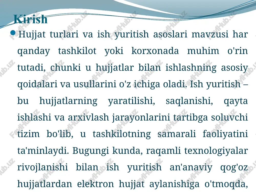lish va soliq hisobini yuritish. moliyaviy hujjatlar ko'pincha elektron shaklda bo'ladi, davlat tilida ish yuritishning huquqiy asoslari . davlat tilida ish yuritishning huquqiy asoslari o’zbekiston respublikasining qonunlari va me’yoriy hujjatlariga asoslanadi. o’zbek tili davlat tili sifatida rasmiy doralarda, tashkilotlarda va korxonalarda majburiy ravishda qo’llaniladi. bu huquqiy asoslar hujjatlarning yagona tilida yuritilishini ta’minlaydi va milliy identifikatsiyani mustahkamlaydi. masalan, 1995-yilda qabul qilingan “o’zbekiston respublikasining davlat tili haqida”gi qonun o’zbek tilining rasmiy maqomini belgilab, uning idoralarda ishlatilishini majburiy qiladi. ish yuritishning maqsadi, prinsiplari va vazifalari ish yuritishning asosiy maqsadi tashkilot faoliyatini hujjatlar orqali ta'minlash va boshqaruv jarayonlarini soddalashtirishdir. u hujjatlarni yaratishdan tortib, ularni saqlashgacha bo'lgan butun tsiklni qamrab oladi. masalan, davlat idoralarida ish yuritish qonunlar va me'yoriy hujjatlar asosida amalga oshiriladi, bu esa qarorlarning qonuniyligini ta'minlaydi. xususiy korxonalarda esa u biznes jarayonlarini tezlashtirish va xodimlar o'rtasidagi aloqani mustahkamlashga yordam beradi. hujjatlarni rasmiylashtirishga qo‘yiladigan asosiy talablar hujjatlarni rasmiylashtirish – ish yuritishning asosiy qismi bo'lib, …