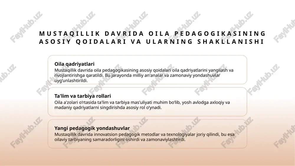 aviylikdan zamonaviylikka o‘tishda, yangi qadriyatlar va pedagogik metodlarni shakllantirishda muhim o‘rin tutadi. oila pedagogikasida innovatsiyalar va kelajak uchun yangi tendensiyalar innovatsion texnologiyalar yangi yondashuvlar kelajak tendensiyalari oila pedagogikasida zamonaviy texnologiyalar, masalan, onlayn platformalar va mobil ilovalar, ota-ona va bolalar o‘rtasidagi muloqotni rivojlantiradi, shuningdek, tarbiyaviy jarayonlarni samarali qilish imkonini yaratadi. mustaqillik davrida pedagogik yondashuvlar o‘zgardi, individual va interaktiv metodlar keng qo‘llanila boshladi, bu esa oila ichidagi munosabatlarni mustahkamlashga xizmat qiladi. yangi tendensiyalar orasida texnologiya integratsiyasi, psixologik ta'lim va global miqyosda hamkorlik rivojlanmoqda, bu esa oilaviy pedagogikaning innovatsion rivojlanishiga turtki beradi. mustaqillik davrida oila pedagogikasining yangi uslublari va innovatsiyalari innovatsion yondashuvlar yangi pedagogik metodlar texnologik innovatsiyalar mustaqillik davrida oila pedagogikasida yangi uslublar texnologik rivojlanishlar bilan kengaydi. onlayn ta’lim va mobil ilovalar orqali ota-onalar va bolalar o’rtasida yanada samarali muloqot o’rnatilmoqda. zamonaviy oilaviy pedagogika an’anaviy uslublardan innovatsion metodlarga o’tdi. interaktiv treninglar, psixologik asoslangan yondashuvlar va shaxsiy rivojlanishga e’tibor kuchaydi. digital texnologiyalar yordamida oilaviy …