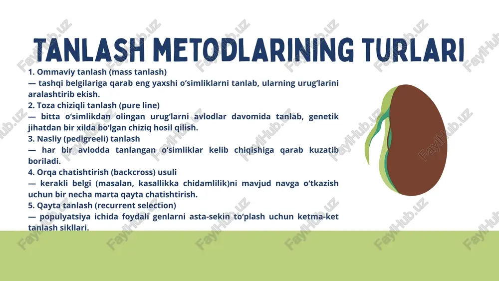 k jihatdan o‘zgaruvchan belgilar bo‘yicha olib boriladi. foydali belgilar bir necha avlod davomida barqaror bo‘lsa, nav genetik mustahkam hisoblanadi. xulosa: tanlash va urug‘chilik — o‘simlik genetikasining amaliy asosidir. har bir metodning o‘ziga xos afzallik va qo‘llanish sohasi mavjud. to‘g‘ri tanlash usuli orqali yuqori hosilli, sifatli va barqaror navlar yaratiladi. xulosa va zamonaviy yo‘nalishlar zamonaviy yo‘nalishlar: marker-yordamli seleksiya — genetik markerlar asosida foydali belgilarni tez aniqlash. genomik tanlash — butun genom asosida navlarni tez baholash. biotexnologiya va gen muhandisligi — yangi genetik imkoniyatlarni amaliyotga joriy etish. image1.png image2.svg image3.png image4.svg image5.png image6.svg image7.jpeg image8.jpeg image9.png image10.png image11.svg image12.png image13.svg image14.png image15.svg /docprops/thumbnail.jpeg