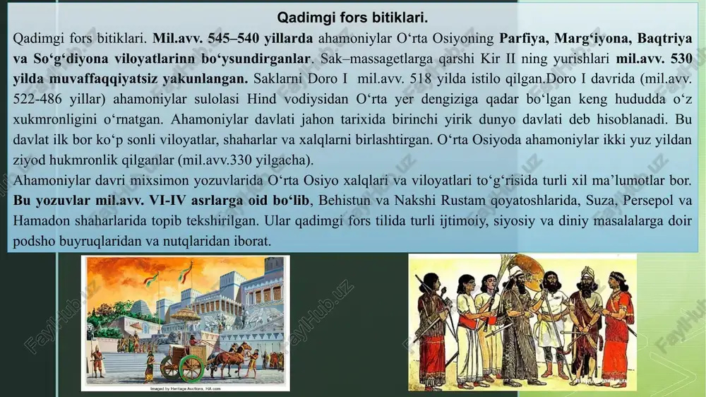 laridan o‘tib, amudaryo – o‘zboy bo‘ylarida yashovchi massaget qabilalarining yurtiga kirib borganlar. kir ii araks (amudaryo) o‘zanidan kechib o‘tib, massagetlar yerlarining ichkarisiga kirib borgan. yurishlarining bir kunlik yo‘lidan so‘ng, fors podshosi ortga qaytgan. ammo shu joyda, gerodotning xabariga ko‘ra, kir ii o‘z qo‘shinlarining zaif bir qismini hamda ular bilan birga oziq–ovqatlar zahiralarini va ichimliklarni maxsus qoldirgan. massagetlarning bir guruhi forslarga hujum qilib, ularni qirib tashlaganlar. kir ii massagetlar z kir ii vafotidan so‘ng taxtga uning o‘g‘li qambiz o‘tirdi. uning hukmronlik davri, ya’ni mil.avv. 530–522 yillar o‘rta osiyo xalqlari siyosiy tarixi haqida yozma manbalarda hech qanday ma’lumotlar yo‘q. kambiz misrni istilo qilgan qadimgi fors podshosidir. qambiz vafotidan so‘ng mamlakatda katta qo‘zg‘olonlar boshlangan. bu haqida doro i (mil.avv.522–486 yillar) bexistun yozuvida shunday xabar qiladi: «elam, midiya, ossuriya, misr, parfiya, marg‘iyona, satgagadiya, saklar mendan ajralib chiqib ketdilar». ahamoniylarga qarshi, ayniqsa xalqning katta qo‘zg‘oloni marg‘iyonada alanga olgan. o‘rta osiyoning bo‘ysundirilgan hududlari va umuman, zabt …