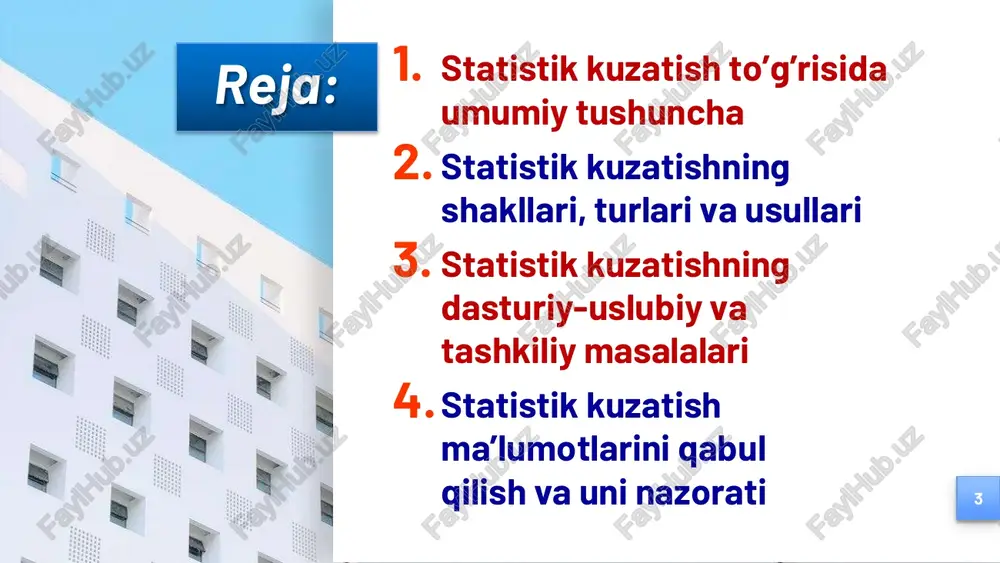 ushuncha 6 har qanday statistik kuzatishda amalga oshiriladigan ishlar quyidagi uch bosqichda amalga oshiriladi: kuzatish obyektlarini qayd qilish ma‟lumotlarni bevosita yig„ish to„plangan ma‟lumotlarni tekshirish va nazorat qilish 2. statistik kuzatishning shakllari, turlari va usullari 7 statistik kuzatish axborot yetkazib beruvchi sub‟ektlar kategoriyalariga qarab quyidagi shakllarga bo‟linadi: • ma‟muriy idoralar (soliq, bojxona, nikohdan o‟tkazish va x.k.) statistika idoralariga o‟z faoliyatlari haqida ma‟lumotlarni pulsiz va belgilangan vaqtda yetkazib berishga majburdirlar. ma’muriy ma’lumotlarni to’plash. • ro‟yxatdan o‟tgan barcha tashkilot, korxona, tadbirkorlar topshiradigan statistik hisobotlar orqali to‟planadi. boshlang’ich statistik ma’lumotlarni to’plash. • statistika idoralari uy xo‟jaligini o‟rganish uchun maxsus tanlab kuzatishlar o‟tkazishadi, aholi ro‟yxati va boshqa maxsus kuzatishlar yordamida to‟plangan ma‟lumot. statistik idoralar to’plagan ma’lumot. 2. statistik kuzatishning shakllari, turlari va usullari 8 statistik kuzatish tashkil etilishiga qarab: statistik hisobot va maxsus uyushtirilgan statistik kuzatishlarga bo’linadi. hisobot (buxgalteriya va statistik hisobotlarga bo’linadi) statistik kuzatishning asosiy shakli bo‟lib, u barcha korxona va tashkilotlar faoliyati haqidagi …