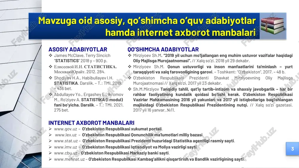 i asrda kirib keldi. dastlab, savdo va moliya kapitali hamda pul munosabatlari taraqqiyoti natijasida vujudga kelgan ehtiyojni qondirish maqsadida to'plangan mamlakat aholisi, iqtisodiy va siyosiy ahvoli haqidagi ma'lumotlar statistik axborotlar deb yuritiladi. 1. statistikaning paydo bo‟lishi va rivojlanishi 6 statistika iqtisodiy fanlar tizimida bazaviy fanlardan biri hisoblanadi g.axenvall (1719-1772) birinchi marta «statistika» so’zini qo’llagan. statistika deganda mamlakatning iqtisodiy va sotsial rivojlanishi haqida ma’lumotlarni to’plovchi, umumlashtiruvchi va chop qiluvchi organ, ya’ni statistika organlari tushuniladi statistika deganda biror-bir hodisa haqidagi raqamlar yig’indisi tushuniladi statistika deganda raqamli ma’lumotlarni to’plash va interpretatsiya (izohlash, talqin qilish) metodlarini o’rgatuvchi fan tushuniladi 1. statistikaning paydo bo‟lishi va rivojlanishi 7 statistika deganda nima tushuniladi: 1. statistikaning paydo bo‟lishi va rivojlanishi 8 tasviriy statistika – ma'lumotlar to'plash, tasniflash, umumlashtirish va talqin etish yo'llaridir “statistika faktlarni xulosalar yasash uchun asos sifatida to’plash, tasniflash va miqdoriy baholash haqidagi fandir” shu jihatdan u tasviriy statistika nomi bilan ham yuritiladi. demak, tasviriy statistika …