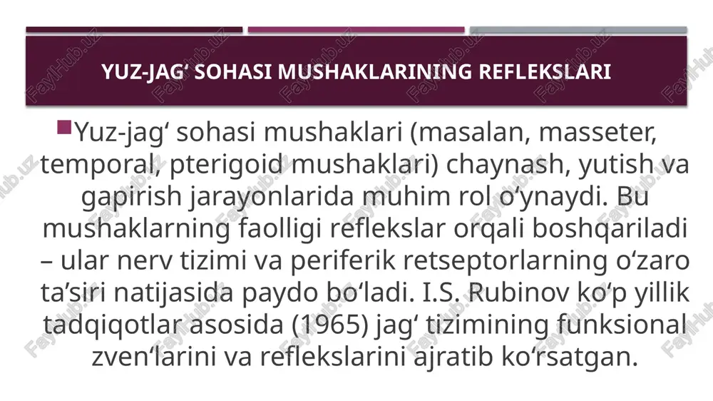 ish aktlarini grafik ravishda yozib oladi. normal va patologik holatlarni solishtirishga yordam beradi. - elektromiomastikatsiografiya: mushaklarning bioelektr faolligini o‘lchaydi, reflekslarning neyrodinamik bog‘lanishlarini aniqlaydi. - miotometriya: mushak tonusi va qisqarish kuchini baholaydi, miostatik reflekslarni tahlil qiladi. - fagigrafiya: yutish harakatini o‘rganish usuli. eʼtiboringiz uchun rahmat! image1.jpeg image2.jpeg image3.jpeg image4.jpeg image5.jpeg image6.jpeg /docprops/thumbnail.jpeg
