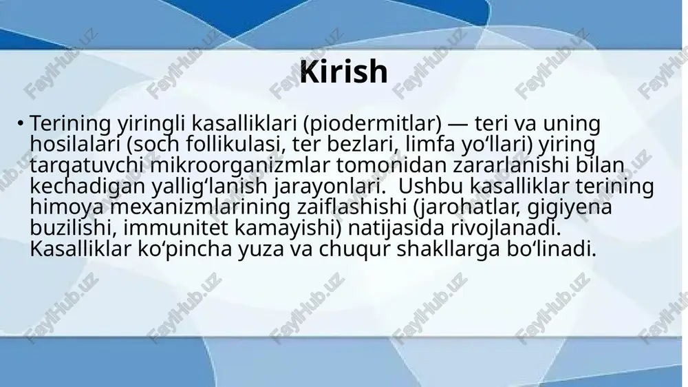 liklar. toshmalarni tezda aniqlash va qo‘zg‘atuvchini ajratish (stafilokokk vs streptokokk) muhim. toshmalarni ajratishda klinika, joylashuv, jarayon elementi (pufak, tugun, yiring) hamda tarqalish xususiyati asos bo‘ladi. image1.jpeg image2.jpeg image3.jpeg image4.jpeg image5.jpeg image6.jpeg /docprops/thumbnail.jpeg
