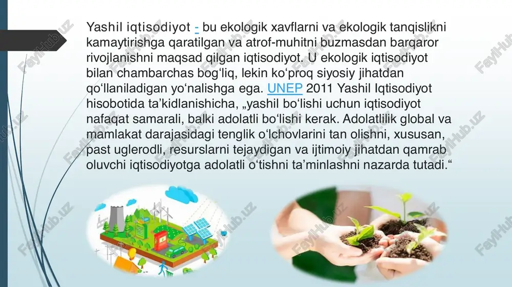 “yashil qitisodiyot” tamoyillari  mamlakatning qishloq xo‘jaligiga yo‘naltirilgan iqtisodiyoti va aholi zich joylashgan hududlarda havoning bosqichma-bosqich yomonlashishini hisobga olgan holda, uning eng dolzarb yashil ustuvorliklari havo sifatini yaxshilash, yer va suvdan barqaror foydalanish bo‘ladi.  bunga landshaftni tiklash, suvni samarali boshqarish va havo ifloslanishini kamaytirish choralari orqali erishish mumkin.  yerdan barqaror foydalanish o‘zbekistonda kengayishi kerak bo‘lgan muhim amaliyotdir. iqlimga asoslangan qishloq xo‘jaligi amaliyotlari erdan foydalanish barqarorligini yanada oshiradi.  uzoq muddatda mamlakat qishloq xo‘jaligidan qimmatroq, yaxshi haq to‘lanadigan tarmoqlarga o‘tishni ta‘minlasa yaxshi bo‘lardi. buning uchun qishloq xo‘jaligi ishchi kuchining bir qismini, xususan, eng zaif ayollar va yoshlarning qayta malakasini oshirish kerak.  suv narxlarini belgilash va sug‘orish uchun investitsiyalar orqali suvdan foydalanish samaradorligini oshirish eng katta ustuvor vazifa bo‘lishi kerak, suvdan foydalanishning ma’lum chegaralari ushbu yangi ustuvorliklarning bir qismidir.  unep (va buyuk britaniya kabi milliy hukumatlar) tomonidan tabiiy kapital gʻoyalari va „yashil iqtisodiyot“ shiori ostida toʻliq xarajatlarni hisobga …