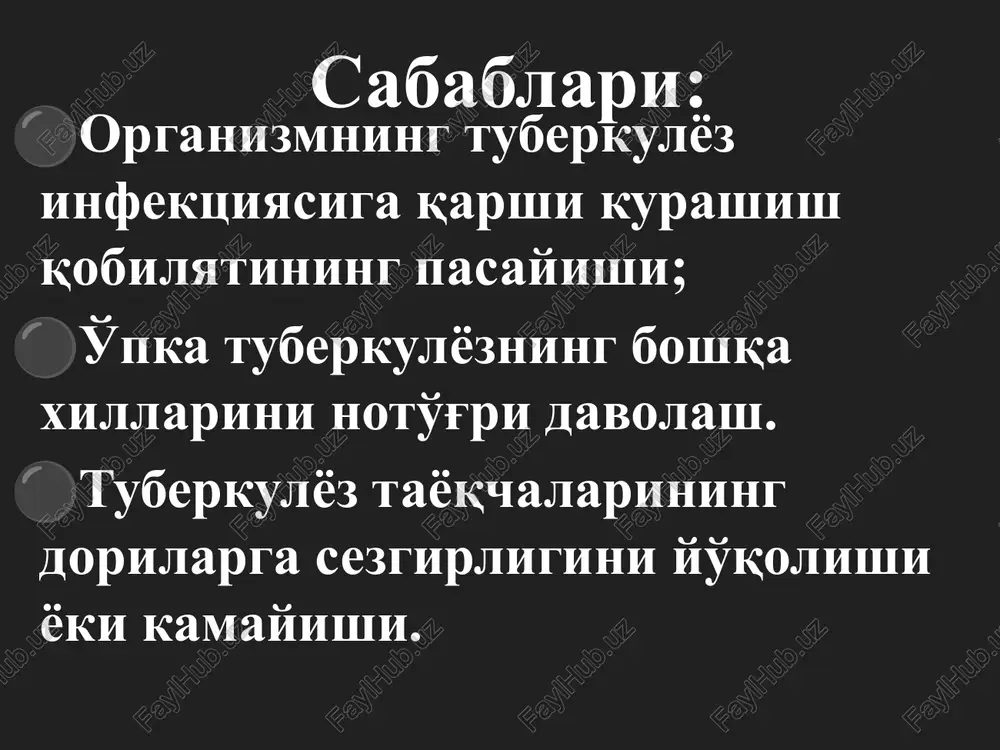 nostikasi: balg'amda mbt topilishi - 100%; o'ziga xos rentgenologik manzara. rentgenogramma o'pka xajmining kamayishi qovurg'alar oralig'ining torayishi o'pka to'qimasida yaqqol fibroz o'zgarishlar kavernalar noto'g'ri shaklda kaverna devori qalin polimorf o'choqlar rentgenogramma : kompyuter tomogramma: oqibati tsirrotik tuberkulez kistoz bo'shliqlar tuberkulomalar asorati qon tuflash, qon ketish spontan pnevmotoraks o'yue ichki a'zolar amiloidozi davolash batsilla ajratganda – sezgirligini xisobga olib kompleks antibakterial preparatlar davriy – profilaktika maqsadida antibakterial davo chegaralangan o'zgarishlarda – xirurgik davo xirurgik davolash: segment, bo'lak rezektsiyasi yoki pulmonektomiya torakoplastika bilan kavernektomiya 4-6 qovurg'ani olib tashlab torakomioplastika qilish o'pkaning tsirrotik tuberkulyozi tsirrotik tuberkulyoz ikkilamchi tuberkulyozning klinik shakli; fibroz o'zgarishlar kuchayib rivojlanishi; kavernalar va qobiqlangan o'choqlarning saqlanishi; surunkali to'lqinsimon kechishi olib keluvchi tuberkulyozning klinik turlari: fibroz-kavernali; parchalanish xajmi katta infiltrativ tuberkulez; surunkali tarqoq tuberkulez patomorfologik ko'rinishi: turli o'lchamdagi bronxoek-tatik bo'shliqlar; shakli buzilgan va qisman sklerozga uchragan bronxlar; kon tomirlar obliteratsiyasi; arteriovenoz kollaterallar davomi: fibroz soxalar oralig'ida rivojlanishdan to'xtagan kavernalar; turli faollikdagi …