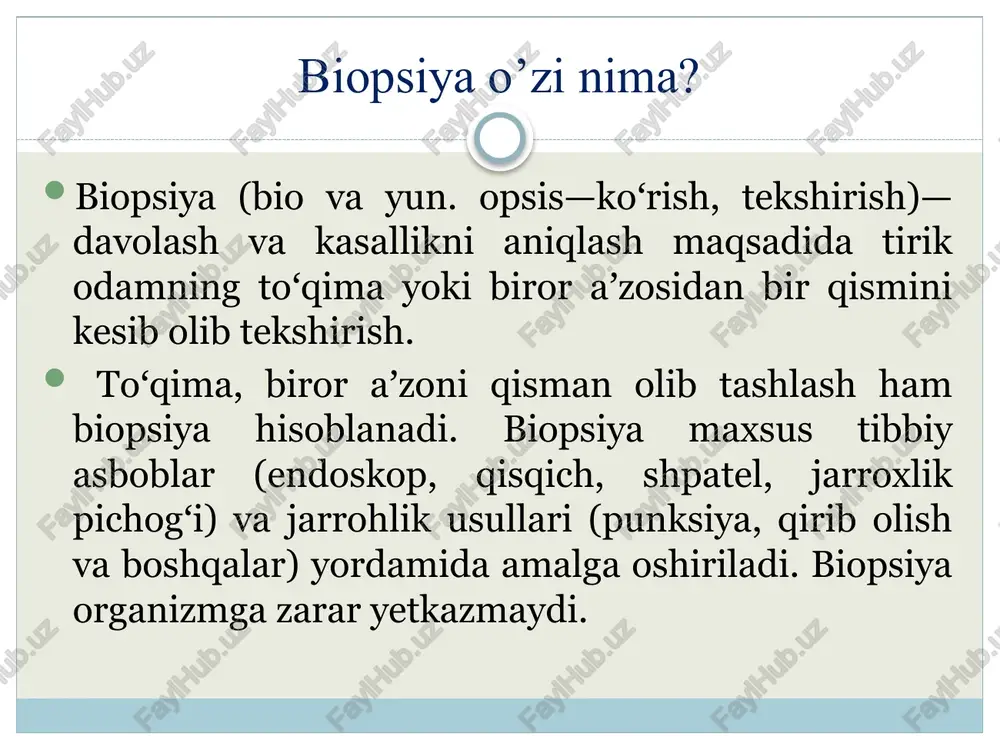 lection confocal microscopy). rcm - tibbiy yordam ko'rsatuvchi provayderga terini kesmasdan yoki teri namunasini olib tashlamasdan terining g'ayritabiiy maydonini ma'lum bir chuqurlikgacha ko'rish imkonini beradigan usul. rcm evropada keng qo'llaniladi va hozirda aqshdagi ba'zi markazlarda mavjud. tolstoigolnaya biopsiya gumon onkologiya jigar, prostata, ko'krakn sohasida bo’lganda ko'proq to'qimalarning olish ichiga oladi. intilish biopsiya aspirator bilan devor moddiy oshiriladi. bu usul ko'p to'qima parchalarini olish imkonini beradi. biopsiya qilinadigan sohalar ilik miya ko’krak qafasi oit jigar o’pka limfa tugunlari teri qalqonsimon bez biopsiya olinganda qanday xavfli holatlar ro’y berishi mumkin? qon ketishi infeksiya biopsiya uchun qanday tayyorgarlik kerak? shifokorga qon ketishiga olib kelishi mumkin bo'lgan va qabul qilinayotgan dorilar haqida ma'lumot berish kerak, masalan, asetilsalitsil kislotasi, boshqa steroid bo'lmagan yallig'lanishga qarshi dorilar (nsaid) va sintron®. ularning barchasi protseduradan bir necha kun oldin to'xtatilishi kerak. e’tiboringiz uchun rahmat! image4.png image5.png image6.png image7.png image8.png image9.png image10.png image11.png image12.png image13.png