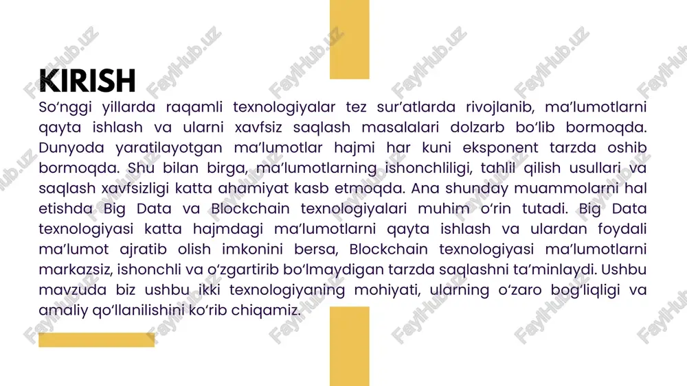 yangi blok yaratilganda, u oldingi blok bilan kriptografik tarzda ulanadi. shu orqali ma’lumotlar zanjir bo‘lib bir-biriga ulanadi. tizimda har bir foydalanuvchi (tugun) blockchainning nusxasiga ega bo‘ladi. har bir yangi tranzaksiya tarmoqdagi barcha tugunlar tomonidan tasdiqlanadi, bu jarayon konsensus mexanizmi deb ataladi. agar tarmoqdagi ishtirokchilar tranzaksiyani to‘g‘ri deb bilsa, u zanjirga qo‘shiladi. shu tariqa, blockchain markazsiz, xavfsiz va o‘zgartirib bo‘lmaydigan ma’lumotlar zanjiri sifatida ishlaydi. 6. blockchainning rivojlanish bosqichlari blockchain texnologiyasining rivojlanishi bir necha bosqichlardan o‘tgan. birinchi avlod — 2009-yilda bitcoin bilan boshlangan bo‘lib, asosan kriptovalyuta tranzaksiyalarini amalga oshirish uchun ishlatilgan. ikkinchi avlod — ethereum platformasining yaratilishi bilan boshlanib, “aqlli kontraktlar” (smart contracts) konsepsiyasini joriy qildi. uchinchi avlod — cardano, polkadot kabi platformalarda tarmoq o‘lchovchanligini (scalability) va energiya samaradorligini yaxshilashga qaratilgan. hozirda esa to‘rtinchi avlod blockchainlari sun’iy intellekt, big data va iot bilan integratsiyalashmoqda. bu esa blockchainni yanada tez, moslashuvchan va foydalanuvchi uchun qulay tizimga aylantirmoqda. shuningdek, davlat xizmatlari, sog‘liqni saqlash va …