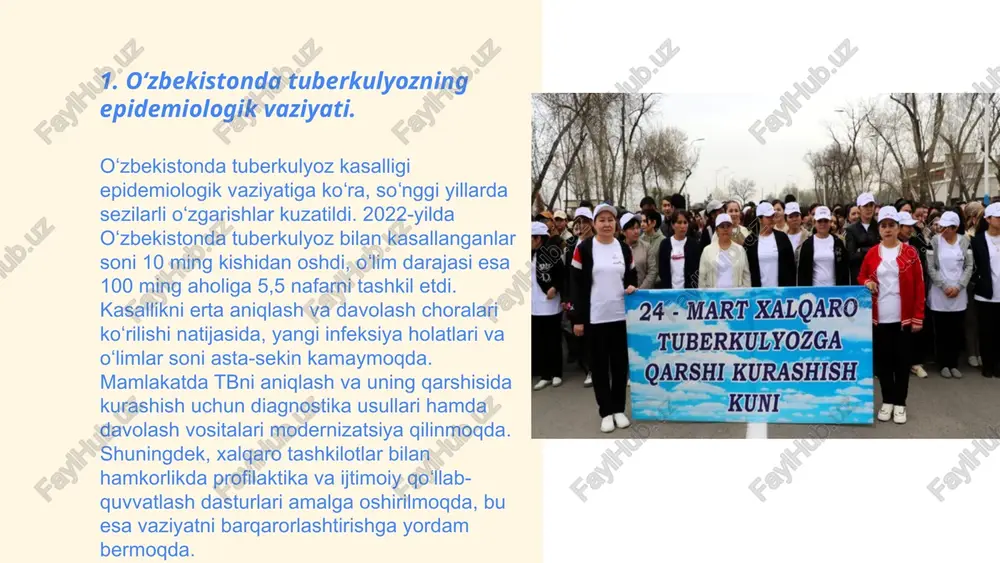 strategiyalar kasalliklarni erta bosqichda aniqlash va davolash imkonini beradi, bu esa bemorlarning sog‘lom hayot davomiyligini oshiradi. test natijalari asosida qo‘shimcha tekshiruvlarga yo‘naltirish mumkin. ... t.me/slaydai_bot 6. davolash rejalarining samaradorligini baholashda ko'plab omillar hisobga olinadi. klinik tadqiqotlar natijalari ko'pincha davolash muvaffaqiyat darajasini 80% dan 95% gacha ko'rsatadi, bunda davolash olingan bemorlarning ma'lum bir darajasida kasallik yengillashtiriladi yoki nazoratga olinadi. statistika shuni ko'rsatadiki, davolash rejalarining samaradorligi bemorning holatiga, kasallikning darajasiga va individual biologik ko'rsatkichlariga qarab o'zgaradi. kelgusida davolash samaradorligini oshirish uchun yangi texnologiyalar va dori vositalari ishlab chiqilmoqda, bu esa 5% dan 10% gacha qo'shimcha muvaffaqiyat ko'rsatkichiga olib kelishi mumkin. tajriba asosida qo'llaniladigan individual yondashuvlar 70% ga qadar samaradorlikni ta'minlashi mumkin. ... t.me/slaydai_bot 7. dispanser nazorati va monitoring tizimi. dispanser nazorati va monitoring tizimi bemorlarning sog‘lig‘ini nazorat qilish hamda ularni muntazam ravishda kuzatish uchun muhimdir. odatda, bu tizim yilda 4-6 marta tibbiy ko‘riklar va tekshiruvlar o'tkazishni o'z ichiga oladi. tizim orqali kasalliklarning …