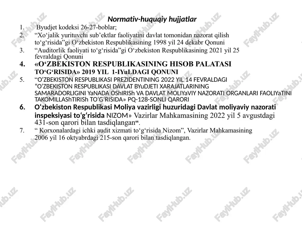 zbekiston respublikasi hisob palatasi davlat moliviy nazorat organlari o‘zbekiston respublikasi iqtisodiyot va moliya vazirligi va uning tasarrufidagi vakolatli organlar davlat soliq xizmati organlari o‘zbekiston respublikasining hisob palatasi - davlat tashqi auditi va moliyaviy nazoratining oliy organidir. hisob palatasiga o‘zbekiston respublikasi prezidenti tomonidan lavozimga tayinlanadigan va lavozimidan ozod qilinadigan hisob palatasining raisi rahbarlik qiladi. o‘zbekiston respublikasi prezidentining hisob palatasi raisini lavozimga tayinlash va lavozimidan ozod qilish to‘g‘risidagi farmonlari o‘zbekiston respublikasi oliy majlisi senati tomonidan tasdiqlanadi. hisob palatasi raisining birinchi o‘rinbosari va o‘rinbosarlari o‘zbekiston respublikasi prezidenti tomonidan lavozimga tayinlanadi hamda lavozimidan ozod qilinadi. hisob palatasining sho‘ba mudirlari, bosh inspektorlari, yetakchi inspektorlari va inspektorlari hisob palatasi raisining taqdimnomasiga binoan o‘zbekiston respublikasi prezidenti tomonidan lavozimga tayinlanadi hamda lavozimidan ozod qilinadi. hisob palatasining yordamchi xodimlari hisob palatasi raisining taqdimnomasiga binoan o‘zbekiston respublikasi prezidenti administratsiyasi rahbari tomonidan lavozimga tayinlanadi va lavozimidan ozod qilinadi. auditorlik nazorat majburiy tashabbusli auditorlik xulosasi moliyaviy hisobotning ishonchliligi va buxgalteriya hisobi to‘g‘risidagi …