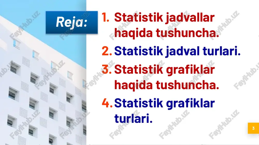 dvallarga bo'linadi. jadval egasida hodisalar sanoqi berilishi mumkin. 9 statistik jadvallarni tuzish va rasmiylashtirish bo'yicha quyidagi qoidalarga amal qilinadi: statistik jadvallar haqida tushuncha jadval uncha katta bo'lmasligi kerak. agar o'rganilayotgan to'plam juda murakkab bo'lsa, u qolda uni bitta jadval yordamida emas, balki bir-biri bilan boqlangan bir nechta jadvalda ifodalash zarur. jadvalning umumiy sarlavhasi uning mazmunining qisqa ifodasi bo'lishi kerak. unda vaqt, hudud, o'lchov birligi (agar ham ko'rsatkichlar bitta o'lchov birligida o'lchansa) ko'rsatiladi. ustun va qatorlardagi nomlar ham aniq, qisqa va tushunarli bo'lishi lozim. agarda jadval katta bo'lsa, qulaylik tug’dirish uchun jadvalning ustunlariga tartib nomeri beriladi, qatorlari bir, ikki va h.k yoki a, b, v harflari bilan belgilanishi mumkin. jadvalda o'zaro bogliq ma'lumotlar yonma-yon keltiriladi. statistik jadvallar haqida tushuncha 10 grafiklar zamonaviy statistikaning ilmiy o'rganish qurollaridan biri hisoblanadi va hozirgi kunda birorta ma'ruzani yoki ommaviy chiqishlarni, taqdimotlarni, gazeta , jurnallarda chop etiladigan maqolalarni, televizordagi mahsus eshittirishlarni va hatto reklama industriyasini statistik …