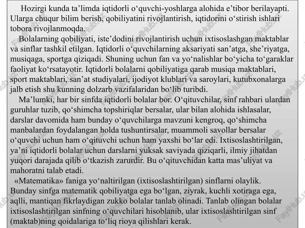 matematikani yanada chuqur bilishga yordam bersa, shaxmat o‘yini o‘quvchini fikrlashga, aqlini charxlashga xizmat qiladi. matematikaga ixtisoslashtirilgan sinflarda «matematik kechalar», «kompyuter bilimdoni», «geometrik jismlar yasash», «eng yaxshi matematik boshqotirma tuzish» tanlovlari, o‘quvchilar orasida shaxmat musobaqasini o‘tkazish maqsadga muvofiqdir. darslarda o‘qituvchi darslikdagi barcha misol-masalalarni yechishdan tashqari, qo‘shimcha matematik adabiyotlardan foydalanib, o‘tilgan mavzuga mos masala, misol, topshiriqlar berilsa, o‘quvchining bilimi oshishi bilan bir qatorda, unda turli murakkablikdagi misollarni yechishga malaka hosil bo‘ladi. matematikaga ixtisoslashgan sinflarda o‘quvchilar dts talablariga asosan berilgan masalalarni mustaqil, qisqa shart tuzib yechishlari, misol-tenglamalarni mustaqil yechishlari, darslikdagi mavzularning savollariga qiynalmay javob berishlari kerak. darsda mavzuga bog‘lab va darsdan tashqari bunday sinf (maktab) o‘quvchilariga kompyuter savodxonligi va shaxmat o‘yini o‘rgatib boriladi. chunonchi, matematikaga ixtisoslashtirilgan sinflarning o‘quvchilari bilan darsdan keyin o‘tkaziladigan tadbirlarni hafta davomida quyidagicha rejalashtirish mumkin: haftalik tadbirlar № kunlar o‘tkaziladigan tanlov — musobaqalar 1 dushanba «yosh matematik» tanlovi 2 seshanba «geometrik jismlar yasash» tanlovi 3 chorshanba o‘quvchilar orasida shaxmat musobaqasi …