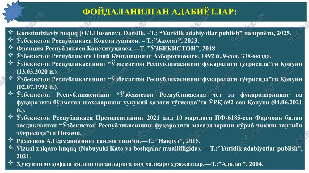 si-ning fuqaroligi, unga qanday asoslarda ega bo'lganlikdan qat'i nazar, hamma uchun tengdir. qoraqalpog'iston respublika-sining fuqarosi ayni vaqtda o'zbekiston respub-likasining fuqarosi hisobla-nadi. fuqarolikka ega bo'lish va uni yo'qotish asoslari hamda tartibi qonun bilan belgi-lanadi. 23-modda. o'zbekiston respublikasi o'z hududida ham, uning tashqarisida ham o'z fuqarolarini himoya qilish va ularga homiylik ko'rsatishni kafo-latlaydi. o'zbekiston respublikasi fuqa-rosi o'zbekistondan tashqariga majburiy chiqarib yuborilishi yoki boshqa davlatga berib yuborilishi mumkin emas. davlat xorijda yashayotgan vatandoshlar bilan aloqalarni saqlab qolish hamda rivoj-lantirish to'g'risida xalqaro huquq normalariga muvofiq g'amxo'rlik qiladi. 24-modda. o'zbekiston respublikasi hudu-didagi chet el fuqa-rolarining va fuqaroligi bo'lmagan shaxslarning huquq va erkinliklari xalqaro huquq normalariga muvofiq ta'minlanadi. ular o'zbekis-ton respublikasining kons-titutsiyasi, qonunlari va xalqaro shartno-malari bilan belgilangan burchlarni ado etadilar. 9 “fuqaro” atamasi ilk bor, frantsiyaning 1789 yil 26 avgustdagi “inson va fuqaro huquqlari deklaratsiyasi”da foydalanilgan va yuridik jihatdan mustahkamlangan. o'zbekiston respublikasida fuqarolik— shaxsning davlat bilan o'zaro huquqlari, majburiyatlari va javobgarligi yig'indisida ifodalanadigan hamda inson …