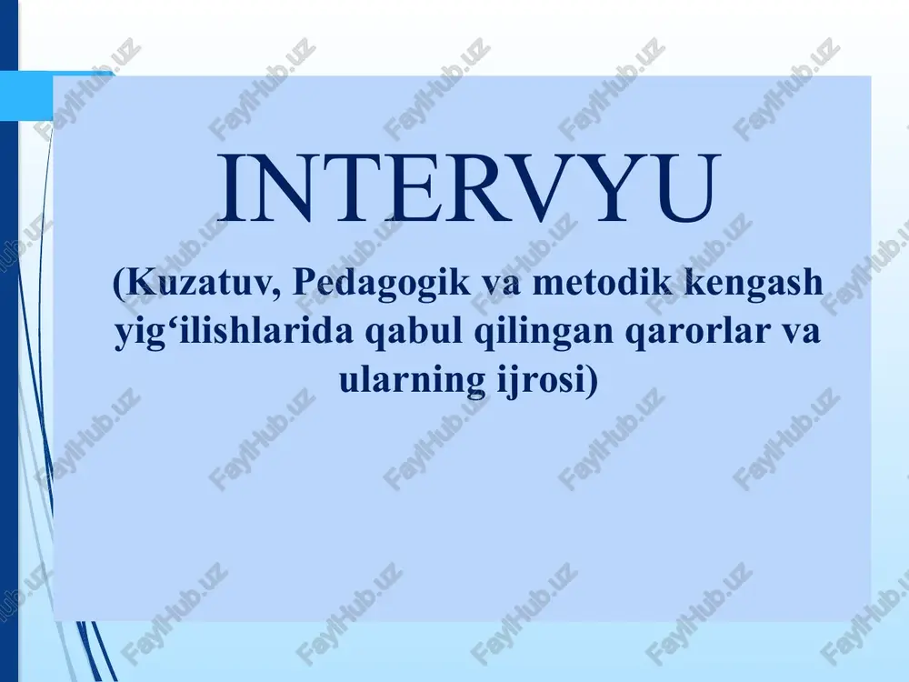 avgustdagi “davlat maktabgacha ta'lim tashkilotlari pedagoglarining ish hujjatlarini tasdiqlash to'g'risida”gi 155-sonli buyrug'iga asosan 01-14, 01-15 raqami bilan indefikatsiyalanadi 3 yil saqlanadi. nazorat savollari maktabgacha ta'lim tashkilotida pedagogik va metodik kengashlar qanday tashkil etiladi? pedagogik va metodik kengashlarning asosiy vazifalari nimalardan iborat? pedagogik va metodik kengashlarning faoliyatidagi asosiy yo'nalishlar qaysilar ? maktabgacha ta'lim tashkilotida nazariy seminar o'quv yilning qaysi vaqtida o'tkaziladi? maktabgacha ta'lim tashkilotida amaliy seminar o'quv yilning qaysi vaqtida o'tkaziladi? nazariy va amaliy seminarlar qanday rasmiylashtiriladi? amaliy seminarlarning bayonnomalari qanday yoziladi? 13 image1.png image2.png image3.png image4.png image5.png image6.png image7.jpeg image8.jpeg /docprops/thumbnail.jpeg