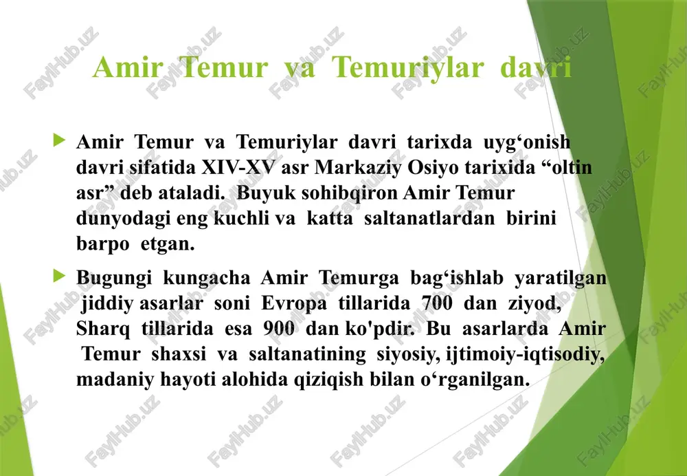 i ustalar, g'ish teruvchilar, arqon eshuvchi ustalar; suriyadan pillakashlar, tikuvchilar, to'quvchilar, duradgorlar, chodir tikuvchilar, kamon-yoy yasovchi ustalar, qurolsozlar, qalpoq yasovchilar, mol tabiblari, naqqoshlar, amir temur maqsadi amir temur bu bilan ikki maqsadni: bir tomondan o‘z poytaxtini bezatish uchun osiyoning eng yaxshi ustalarini to‘plashni; ikkinchi tomondan, vohalar va shaharlarni kengaytirib, movarounnahr aholisini ko‘paytirishni ko‘zlagan edi. ushbu davrda hunarmandchilik faoliyatini olib borish, uning yangi turlarini yo‘lga qo‘yishni maqsad qilgan. hunarmandchilikning yuksalishi hunarmandchilikning yuksalishi ko‘p jihatdan ichki va tashqi savdoni rivojlanishiga turtki bo'lgan. shu sababli u yevropa va osiyoni bog’lashga xizmat qilgan ulkan ishlarni amalga oshirgan. bir tomondan - xitoy, hindiston, bir tomondan - fransiya, ispaniya, angliya va boshqa davlatlar bilan iqtisodiy aloqalar o‘rnatgan va shu munosabatlarni mustahkamlashga intilgan. a.temurning davlat va iqtisodiyot sohasidagi asosiy fikrlari «temur tuzuklari»da to‘la bayon etilgan. tuzuklar amir temurning 1342-1405 yillar oralig‘idagi faoliyatini aks ettiradi va ikki qismdan (maqoladan) iborat. birinchi qismda asosan yagona davlat barpo etish, uni …