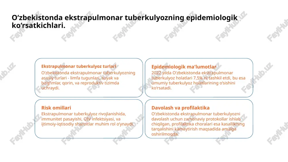 atga ega, kasallik tarqalishini kamaytirishga yordam beradi. ekstrapulmonar tuberkulyoz uchun tasviriy diagnostika usullarining ahamiyati. 01 tasviriy diagnostika ahamiyati ekstrapulmonar tuberkulyozni aniqlashda tasviriy diagnostika usullari muhim ahamiyatga ega, chunki ular kasallikning joylashuvi va og‘irligini aniqlashga yordam beradi. 02 rentgenogrammalar rentgenogrammalar ekstrapulmonar tuberkulyozni aniqlashda keng foydalaniladigan usuldir. ular ichki organlardagi o‘zgarishlarni aniqlashda samaradorligini ko‘rsatadi. 03 kompyuter tomografiyasi kompyuter tomografiyasi (kt) yuqori aniqlikdagi tasvirlarni beradi, bu esa ekstrapulmonar tuberkulyozning murakkab holatlarini aniqlashda juda foydali hisoblanadi. rentgenogramma va kompyuter tomografiyasining roli. 1 rentgenogrammaning roli rentgenogrammalar ekstrapulmonar tuberkulyozni aniqlashda muhim ahamiyatga ega. ular to‘qimalar va organlarning holatini vizualizatsiya qiladi, shuningdek, patologiyalarni aniqlashga yordam beradi. 2 kompyuter tomografiyasi kompyuter tomografiyasi (kt) yuqori aniqlikda tasvirlarni taqdim etadi, bu esa ekstrapulmonar tuberkulyozni chuqur o‘rganishga imkon beradi va qo‘shimcha ma'lumot beradi. 3 diagnostik samaradorlik rentgenogramma va kt ning kombinatsiyalangan qo‘llanilishi ekstrapulmonar tuberkulyozni aniqlashda diagnostik samaradorlikni oshiradi, bu esa davolashni yanada samarali rejalashtirishga yordam beradi. ultrasonografiya: ekstrapulmonar tuberkulyozni aniqlashda yangi …
