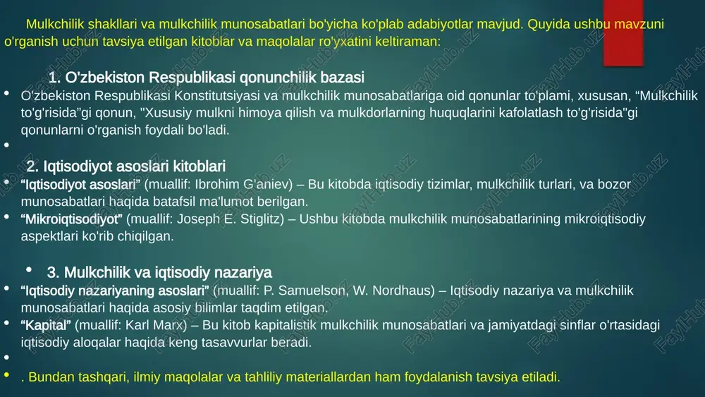 holatini yaxshilash vazifalari bilan shug'ullanadi. tasarruf etish shakllari davlat mulki turli shakllar - chegaralangan mulkchilik, to'liq mulkchilik, vaqtinchalik foydalanish huquqi kabi ko'rinishlarda tasarruf etilishi mumkin. manfaatlarning hisobga olinishi davlat mulkidan foydalanishda barcha manfaatdor tomonlarning manfaatlari - davlat, jamiyat, alohida fuqarolar va tashkilotlar - hisobga olinadi. 7 jamoat mulkchiligi: mas'uliyat va nazorat jamoat ehtiyojlarini qondirish jamoat mulkidan oqilona foydalanish orqali, jamiyatning umumiy manfaatlari taʼmin etiladi. davlat nazorati jamoat mulkining saqlash, undan foydalanish va tasarruf etish davlat tomonidan nazorat qilib turiladi. jamoat nazorati fuqarolar jamoat mulkidan foydalanish va uni saqlash ustidan kuzatuv olib borish huquqiga ega. 8 mulkchilikning rivojlanish tendentsiyalari 1 xususiy mulkchilikni kuchaytirish bugungi kunda xususiy mulkchilik davlat mulkchiligi (va jamoat mulkchiligi) ga nisbatan kuchayib bormoqda. bu iqtisodiy rivojlanish va raqobatbardoshlikni ta'minlash uchun muhim. 2 davlat va jamoat mulkchiligini saqlab qolish ayni paytda davlat va jamoat mulkchiligi ham muhim ahamiyatga ega. ular ijtimoiy-iqtisodiy, siyosiy va ma'naviy hayotda o'zining rolini asramoqda. 3 …