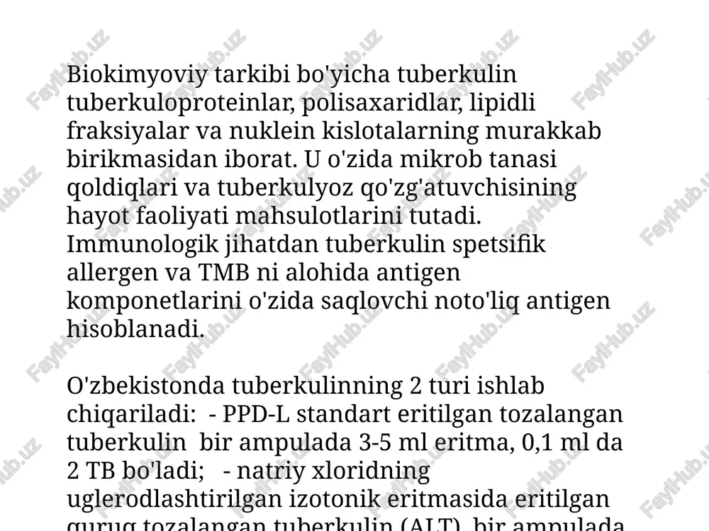ka ignasi bor bir martalik maxsus shpritslardan foydalaniladi. shpritsga 0,2 ml tuberkulin eritmasi tortiladi va undan 0,1 ml chiqarib yuboriladi, shunda yuboriladigan preparat hajmi 0,1 ml (2 tb) bo'ladi. bilakning oʼrta 1/3 qismi ichki yuzasiga 70% li etanol bilan ishlov beriladi va quritiladi. igna kesmasi yuqoriga qaratgan holda tarang tortilgan teri yuzasiga parallel kiritiladi. igna teshigini teriga kiritgandan soʼng shpritsdan 0,1 ml tuberkulin eritmasi yuboriladi. yuborish texnikasi togʼri qilinganda terida oqish limon postloggʻi korinishida diametri 7-9 mm dan kichik bolmagan papula hosil boʼladi. diaskintest (birinchi marta rossiyada olingan va aprobatsiyadan ötgan) teri orasiga qilinadigan diagnostik test. qayd etilgan natijalarni röyxatga olish texnikasi mantu sinamasiniki bilan öxshash böladi. uning asosida m.bovis, bcg va köpgina nopatogen tmb larida bölmaydigan ikki rekombinant oqsillar (esat6/cfp10) kombina-tsiyasi yotadi. test yuqorispetsifik bölib, u m.tuberculosis infeksiyasi chaqirgan immun reaksiyalar, postvaksinal allergiya va mikobakteriozlardagi nospetsifik reaksiyalarni farqlash imkonini beradi. bu test yuqori sezgirlikka ega faol tuberkulyoz bilan kasallangan …