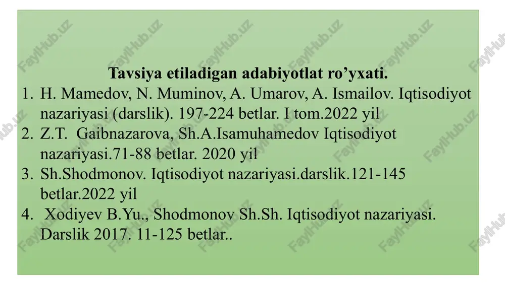 bo'lgan, ayirboshlash uchun yaratilgan mehnat mahsuli. «tovar – bu ayirboshlash uchun ishlab chiqarilgan maxsus iqtisodiy ne'mat». tovarga bo'lgan turlicha yondashuvlar mavjud 12 tovar xo'jaligining vujudga kelishi va amal qilinishining ijtimoiy-iqtisodiy asoslari quyidagilardan iborat: 1 ijtimoiy mehnat taqsimotining ro'y berishi. 2 shaxsiy va xususiy mulkchilikning shakllanishi 3 ishlab chiqaruvchilarning iqtisodiy jihatdan alohidalashuvi. mehnatning qiymat nazariyasi iqtisodiyotda mehnatning mahsulot qiymatini belgilovchi asosiy omil ekanligini ta'kidlaydi. ushbu nazariyaga ko'ra, tovar yoki xizmatning qiymati unga sarflangan mehnat miqdori bilan o'lchanadi, adam smit, david rikardo va karl marks, bu nazariyani rivojlantirganlar. ular tovar qiymatining asosi sifatida inson mehnatini ko'rgan va bozor mexanizmlarida mehnatning roli va ahamiyatini tushuntirishga harakat qilganlar. naflilik nazariyasi iqtisodiyotda iste'molchilarning tovar yoki xizmatlardan olinadigan qoniqish (foyda yoki zavq) darajasini o'rganadi va bu qoniqishga qarab iste'molchilar qanday qarorlar qabul qilishini tushuntirishga harakat qiladi. naflilik nazariyasi iste'molchi xatti-harakatlarini tahlil qilishda muhim rol o'ynaydi va ularning qarorlarini qanday qilib optimal shaklda qabul qilishlarini izohlaydi mehnat …