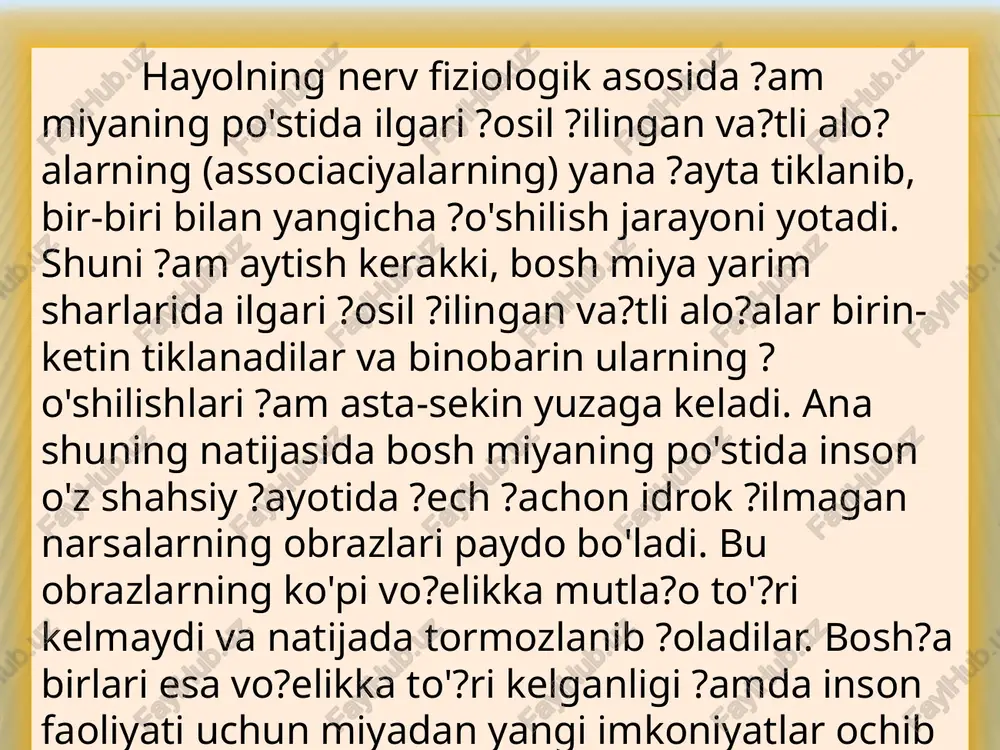 a ostiga olina boshladi. birinchi o‘ringa ijodkorlikka bo‘lgan qobiliyatni rivojlantirish mumkinligi gipotezasi ko‘tarildi. maklakov a.g. obshaya psixologiya. spb., 2002. b.295. hayol sifatlariga ?uyidagilar kiradi: hayoli kengligi, mazmundorligi, kuchi realligi, fantaziya boyligi hayol kengligi vo?elikning kishilar faoliyati uchun bo'ladigan doirasi bilan belgilanadi. hayolning unumdorligi biror narsaga nisbatan hayolning boyligi, hilma-hilligi bilan belgilanadi. kuchli hayolda odam juda tez ta'sirlanadi . hayol kuchi ?uyidagilarga bo?li? bo'ladi: hayol kuchi e?tiyoj, ?izi?ish, istaklarning kuchiga bo?li? bo'ladi. hayol kuchi ?issiyotga bo?li? bo'ladi, ?issiyot ?anchalik kuchli bo'lsa, hayol shunchalik erkin bo'ladi. hayol kuchi idrokka bo?li? bo'ladi. biz idrok ?ilganimizda di??at bilan idrok ?ilsak, hayol kuchayib, kengayadi, agar di??atimiz hayolga ?aratilsa, unda idrok ?ilsak, hayol kuchayib kengayadi, agar di??atimiz hayolga ?aratilsa unda idrok susayadi. hayol kuchi kishining a?voliga, asab tizimiga bo?li? bo'ladi, ya'ni asab tizimining tetikligiga, charchab ?olganligiga, so?ligiga va betobligiga bo?li? bo'ladi. hayolning realligi – vo?elikni to'?ri aks ettiruvchi hayoliy obrazlarning yaratilishi, geniylarni hayolining kuchi real hayoldir. …
