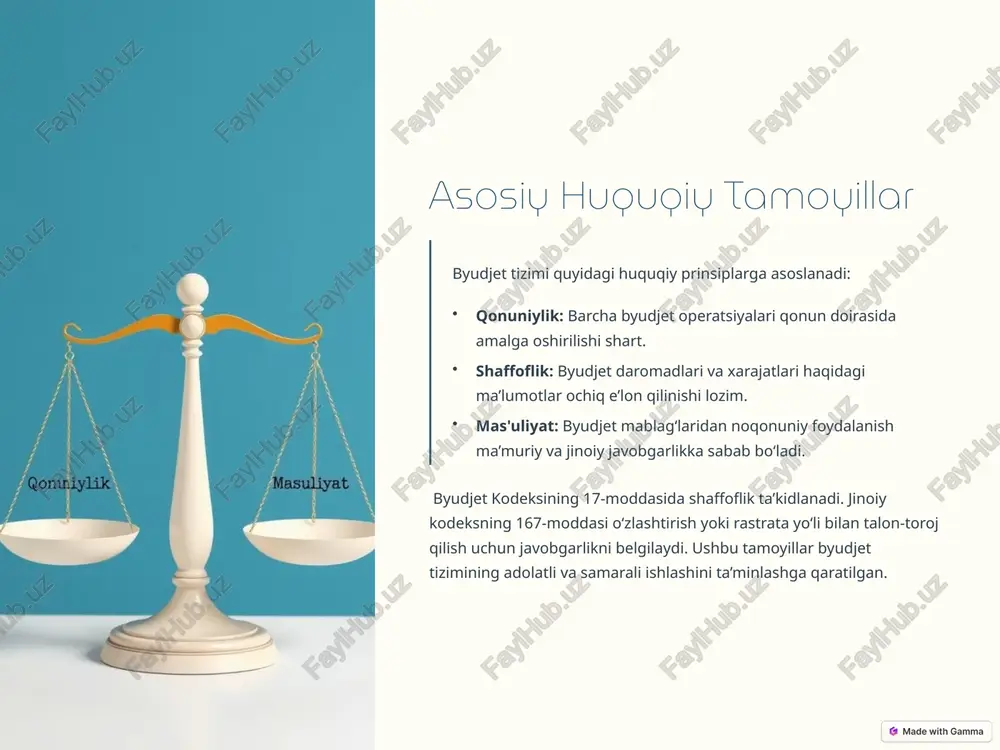 niq mezonlar yetishmaydi. jinoiy kodeksning 167-moddasiga ko‘ra, bunday holatlar jinoiy javobgarlikka sabab bo‘ladi, lekin nazorat mexanizmlari yetarli emas. 7 xulosa va takliflar davlatning byudjet tizimi va byudjetlararo munosabatlar o‘zbekiston respublikasining byudjet kodeksi, konstitutsiyasi va boshqa qonunchilik hujjatlari asosida huquqiy jihatdan tartibga solinadi. ushbu tizim davlatning iqtisodiy barqarorligini ta’minlash bilan birga, fuqarolarning huquqlarini himoya qilishda muhim rol o‘ynaydi. byudjet tizimining huquqiy bazasini takomillashtirish, xususan, mahalliy hokimiyat organlarining moliyaviy mustaqilligini oshirish va shaffoflikni ta’minlash orqali davlat boshqaruvi samaradorligini yanada yuksaltirish mumkin. 8 image1.png image2.png image3.png image4.png image5.png image6.png image7.png image8.png image9.png
