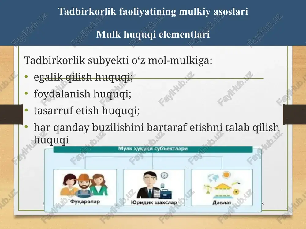 majburiyatlar shartnomaga muvofiq yoki sud qarori asosida pulda ifodalangan holda aks ettiriladi. oʻzbekiston respublikasining “buxgalteriya hisobi toʻgʻrisida”gi 2016-yil 13-aprel oʻrq-404-son qonuni 10 mol-mulk hisobini yuritish umumiy qoidalar: ulushli va birgalikdagi mulkni tasarruf qilishda – taʼsischilarning roziligi ashyoviy huquq asosida faoliyat yuritayotgan tadbirkorlar (operativ boshqaruv va ijara) – mol-mulk egasining roziligi bilan cheklovlar: yirik bitimlar tuzish bilan bogʻliq; bitim narxi jamiyat mol-mulki qiymatining yigirma besh foizidan ortiq boʻlsa. afillangan shaxslar (bitim tuzishdan manfaatdor shaxslar) bilan bogʻliq; ulushlarning 20 va undan ortiq foiziga ega boʻlgan oila aʼzolari. raqobat qonunchiligidagi cheklovlar: ulushning 50 foizdan ortigʻini tasarruf etish huquqi; bitim ishtirokchisining aktivlari bazaviy hisoblash miqdorining yuz ming baravari miqdoridan ortiq boʻlsa 11 mol-mulkni tasarruf qilish oʻzlari ishlab chiqargan mahsulotlar realizatsiya qilishdan daromad olish; oʻz pul mablagʻlarini mustaqil tasarruf etish, bunda pul mablagʻlaridan foydalanish yoʻnalishlarini belgilab berishga va nazorat qilishga yoʻl qoʻyilmaydi; mulkdorning majburiyatlari boʻyicha undiruv mol-mulkka qaratilgan taqdirda, uning olib qoʻyilishiga faqat qonunda nazarda …