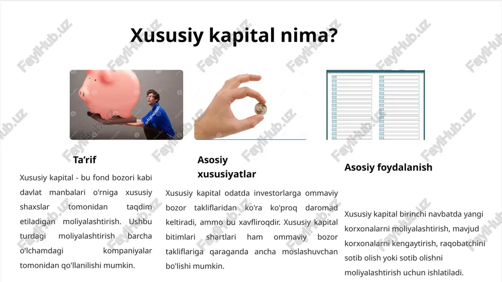 adigan 60 milliard dollardan oshadi. asosiy xulosalar xususiy kapital korxonalar uchun moslashuvchan va moslashtirilgan moliyalashtirish imkoniyatlarini taklif etadi. xususiy kapitalga sarmoyadorlar uzoq muddatga mablag' ajratishga tayyor bo'lishlari va xavflarni tushunishlari kerak. xususiy kapital dunyodagi eng muvaffaqiyatli kompaniyalarni, jumladan, facebook va uberni moliyalashtirishga yordam berdi. e’tiboringiz uchun rahmat!!! image3.png image4.png image5.png image6.png image7.png image8.png image9.png image10.png image2.jpeg