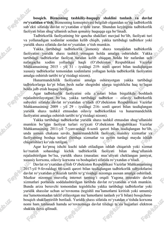 sari imkoniyatlarni oshirish mumkin. bosqich. bozorni o‘rganish. oldinga maqsad qilib tanlayotgan bozorni, raqobatchilarini va umuman sohani yaxshi tushunishda tadqiqotlar muhim ahamiyat kasb etadi. aynan tadqiqotlar natijalari biznes tuzilmasini, resurslarni, bozor segmentini aniqlashga va narxlarni belgilashga xizmat qiladi. mahsulot xaridorlarda qiziqish uyg‘ota olishini o‘rganish uchun maqsadli auditoriya orasida so‘rov o‘tkazish mumkin. bunda notanish kishilarning fikrini o‘rganish muhim, chunki shaxsiy munosabatlar javoblarning haqqoniyligiga salbiy ta’sir ko‘rsatishi mumkin. maqsadli auditoriyaga mos tushadigan shaxslarning ma’lum bir jihatlar (masalan, yoshi, kasbi yoki jinsi)ga ko‘ra kichik guruhi (fokus guruh)ni tanlash va uning a’zolarining fikrini o‘rganish ishlab chiqariladigan mahsulot yoki ko‘rsatiladigan xizmatlar to‘g‘risida xolis fikr olishning yaxshi usulidir. albatta, raqobatchilarni ham o‘rganish kerak, chunki tadbirkor biznesi to‘ldirishi mumkin bo‘lgan bozordagi bo‘shliqni izlaydi. raqobatchilarning mahsuloti (xizmati)dan foylanib ko‘rib, u bilan qanday munosabatda bo‘lishayotganliklarini va qancha miqdorda to‘lov undirishayotganliklarini o‘rganish mumkin. ushbu mahsulot va xizmatlardagi kamchilik va nuqsonlarni aniqlash va ularni bartaraf etish uchun qanday yo‘l tutish lozimligi to‘g‘risida …